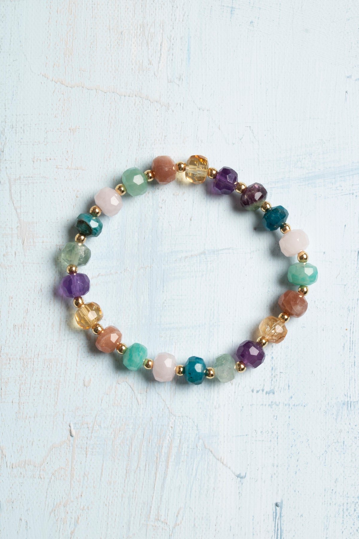 Sertifikalı Doğal Taşlardan Chakra Dengeleyici Kombin Bileklik – Ametist, Pembe Kuvars, Güneş Taşı, Apatit, Sitrin, Florit, Amazonit