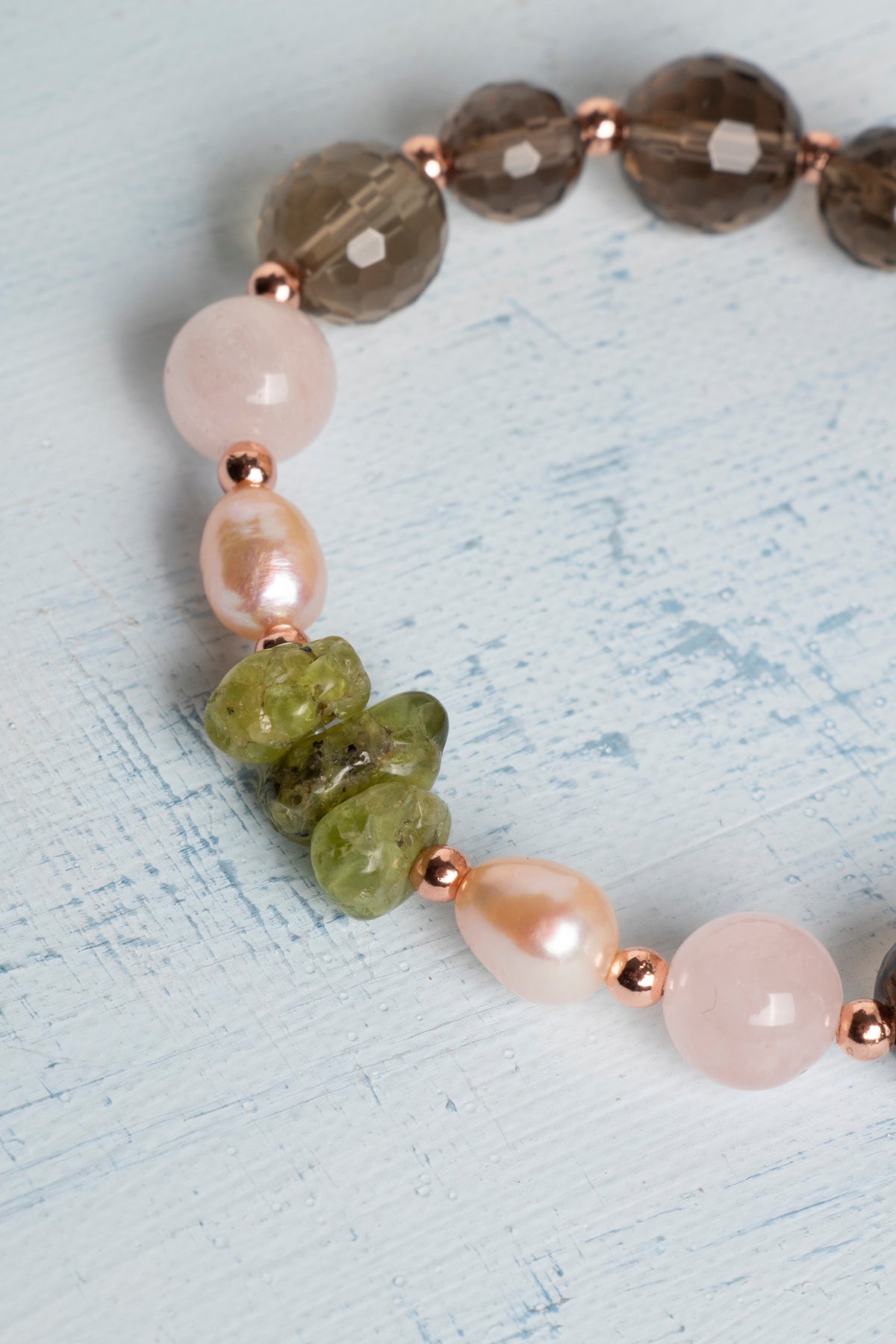 Sertifikalı Dumanlı Kuvars, Pembe Kuvars, Peridot ve İnci Doğal Taş Bileklik