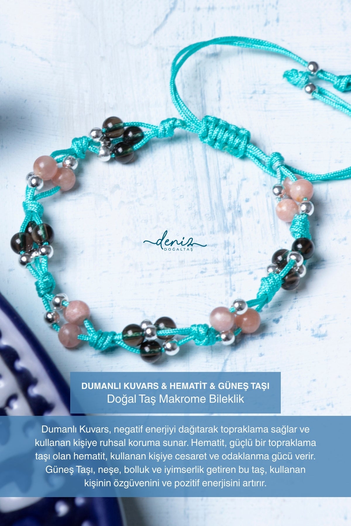 Sertifikalı Dumanlı Kuvars Hematit Güneş Taşı Doğal Taş Makrome Bileklik