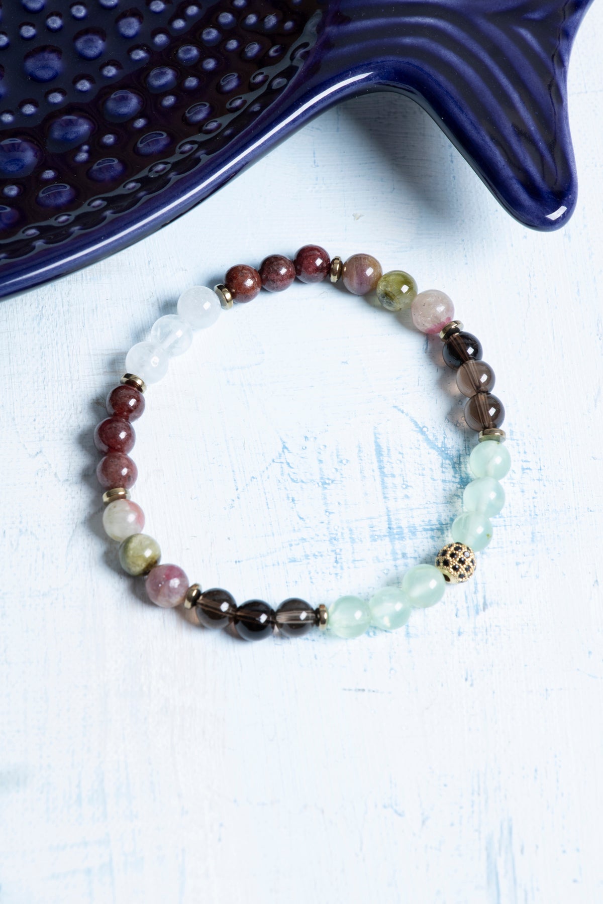 Sertifikalı Florit, Dumanlı Kuvars, Turmalin, Lal, Kristal Kuvars ve Hematit Oğlak Burcu Bileklik