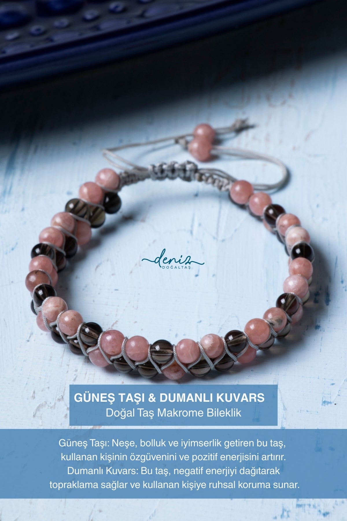 Sertifikalı Güneş Taşı Dumanlı Kuvars (4 mm) Çift Sıra Doğal Taş Makrome Bileklik