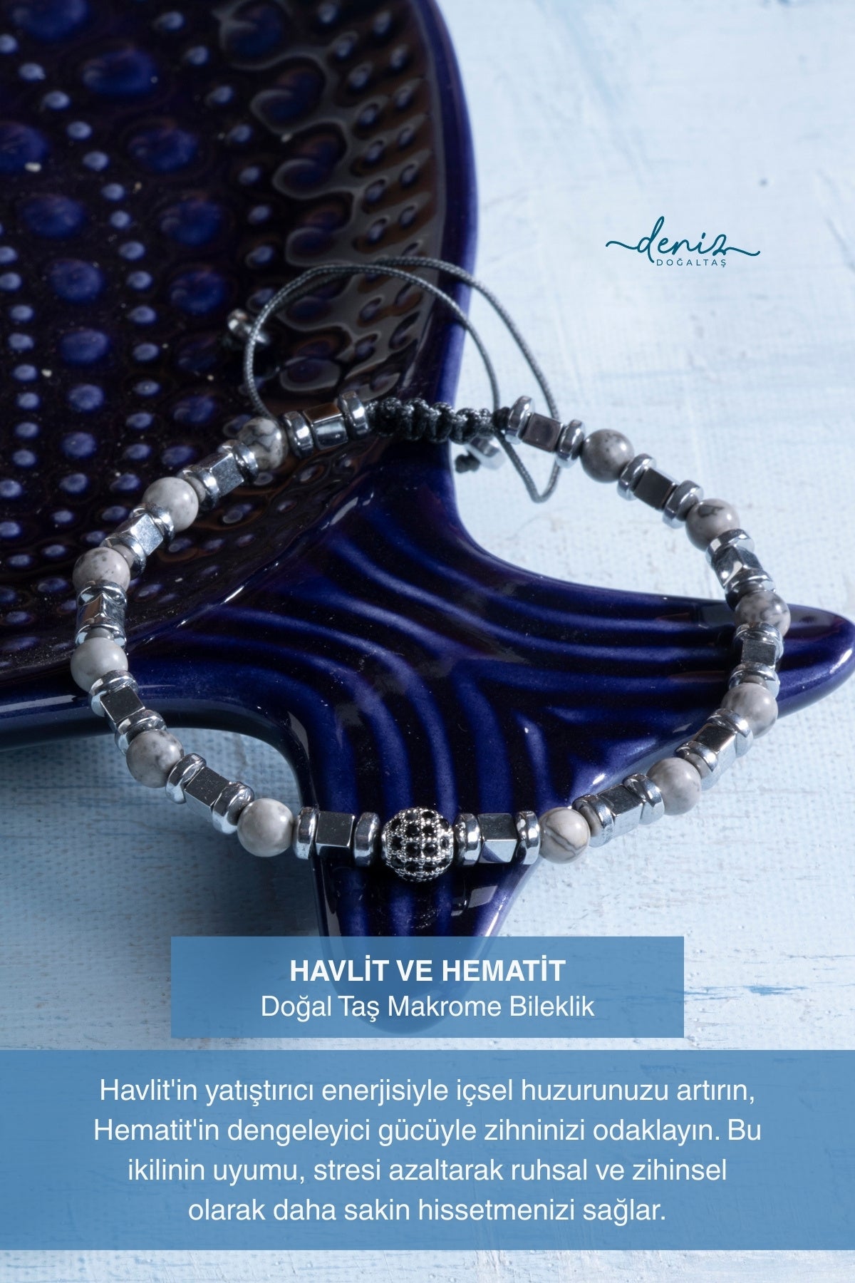 Sertifikalı Havlit Hematit Doğal Taş Makrome Bileklik