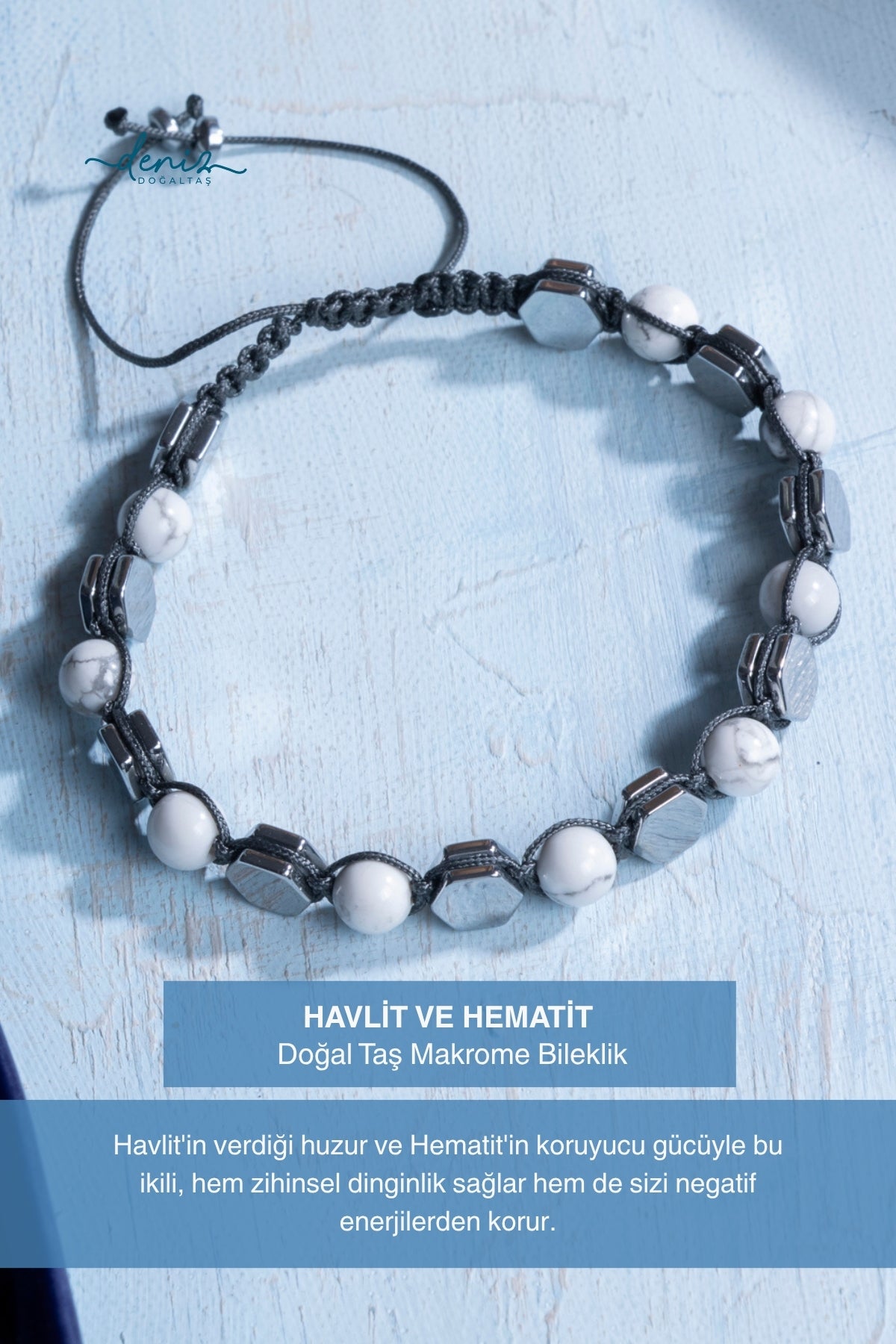 Sertifikalı Havlit ve Hematit Doğal Taş Makrome Bileklik