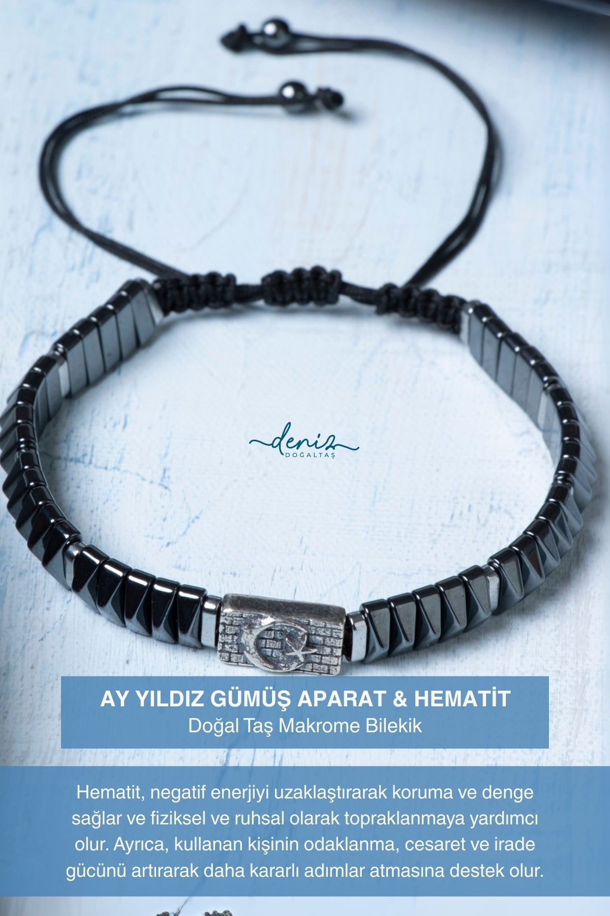 Sertifikalı Hematit Doğal Taş 925 Ayar Gümüş Ay Yıldız Amblemli Makrome Bileklik