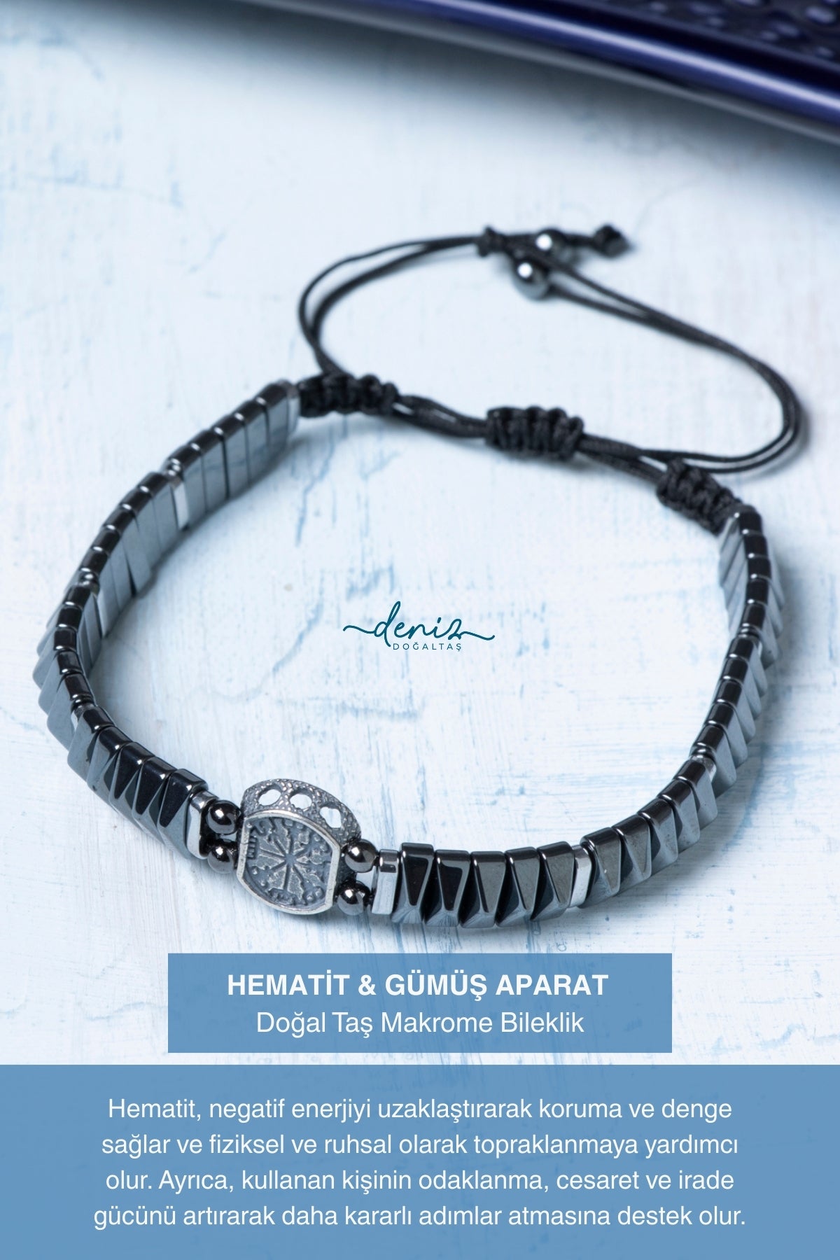 Sertifikalı Hematit Doğal Taş Gümüş Aksesuarlı Makrome Bileklik