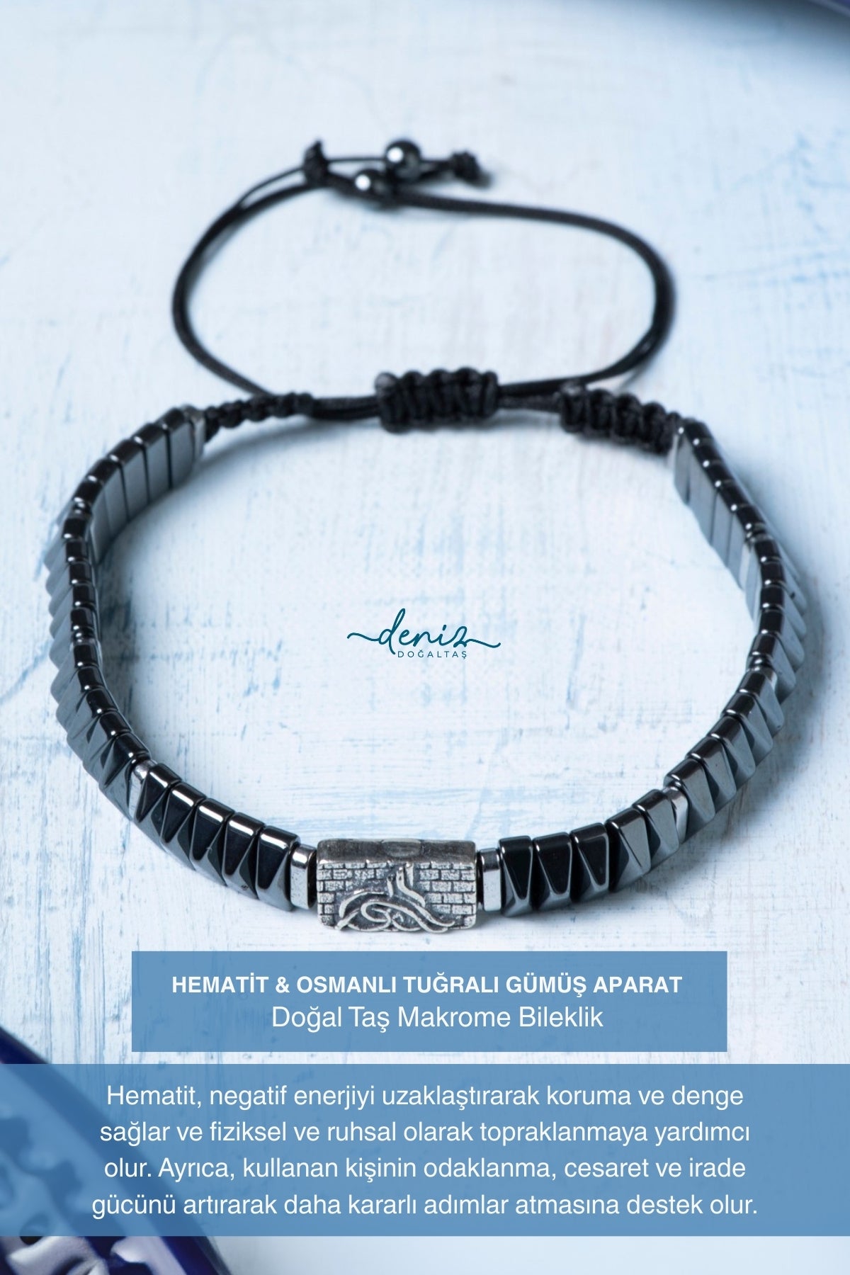 Sertifikalı Hematit Doğal Taş Gümüş Osmanlı Tuğralı Makrome Bileklik