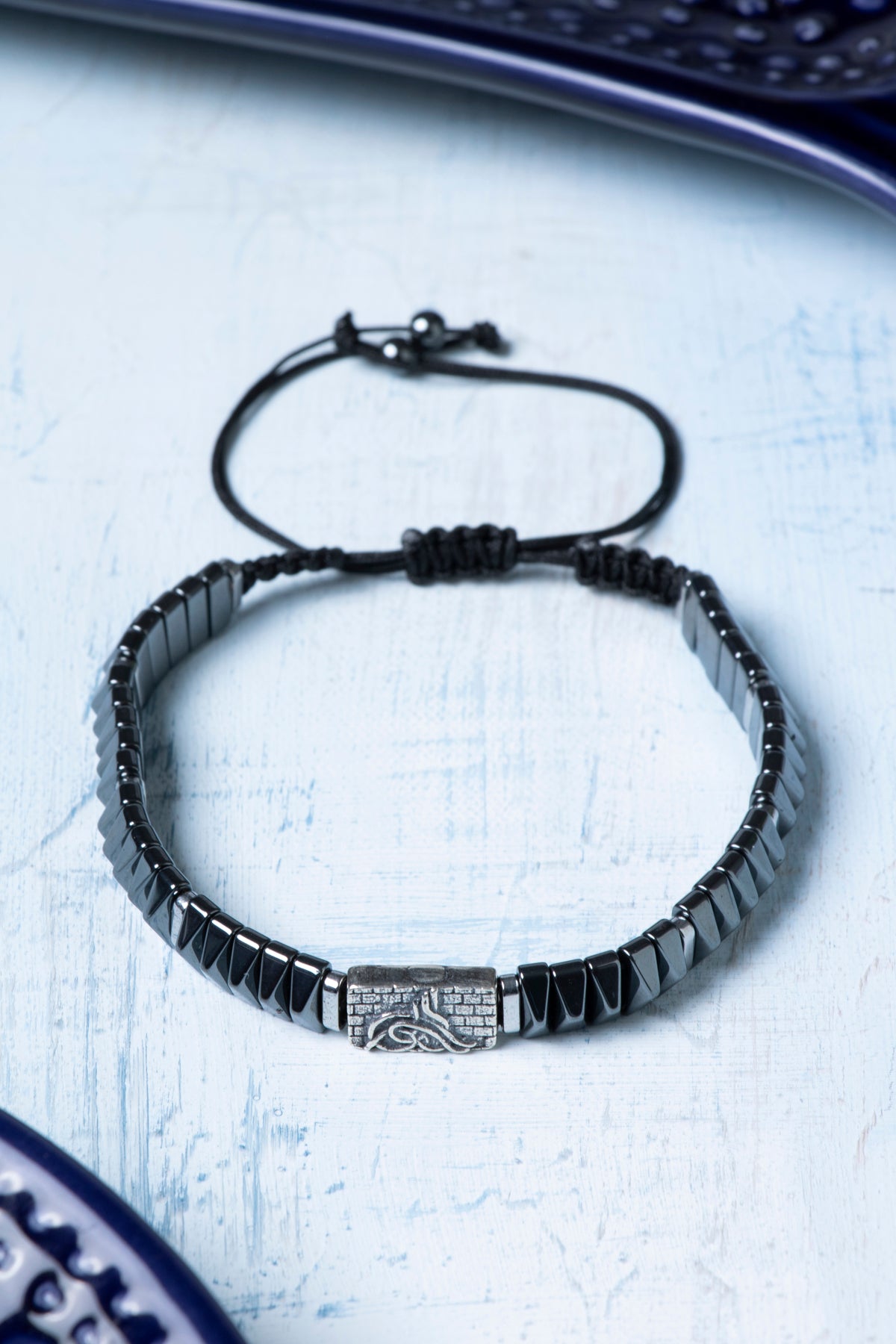 Sertifikalı Hematit Doğal Taş Gümüş Osmanlı Tuğralı Makrome Bileklik