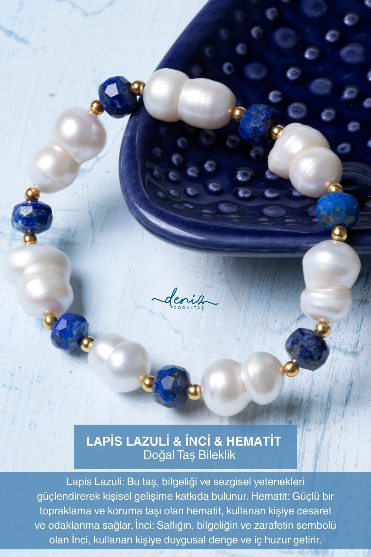 Sertifikalı İnci Lapis Lazuli Hematit Doğal Taş Bileklik