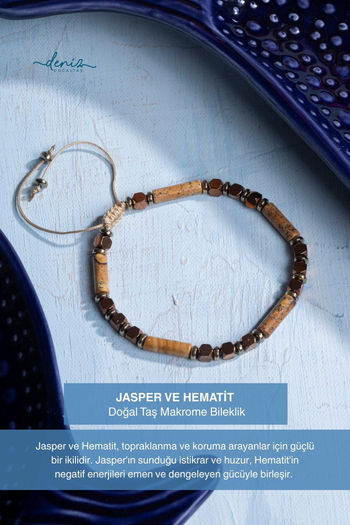 Sertifikalı Jasper ve Hematit Doğal Taş Makrome Bileklik