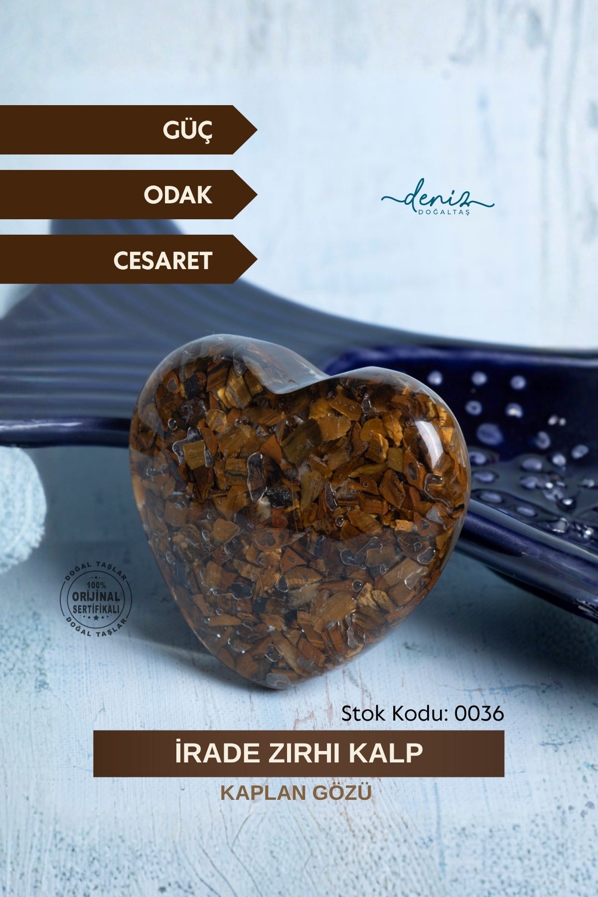 Sertifikalı Kaplan Gözü Doğal Taş İrade Zırhı Kalp S.K: 0038