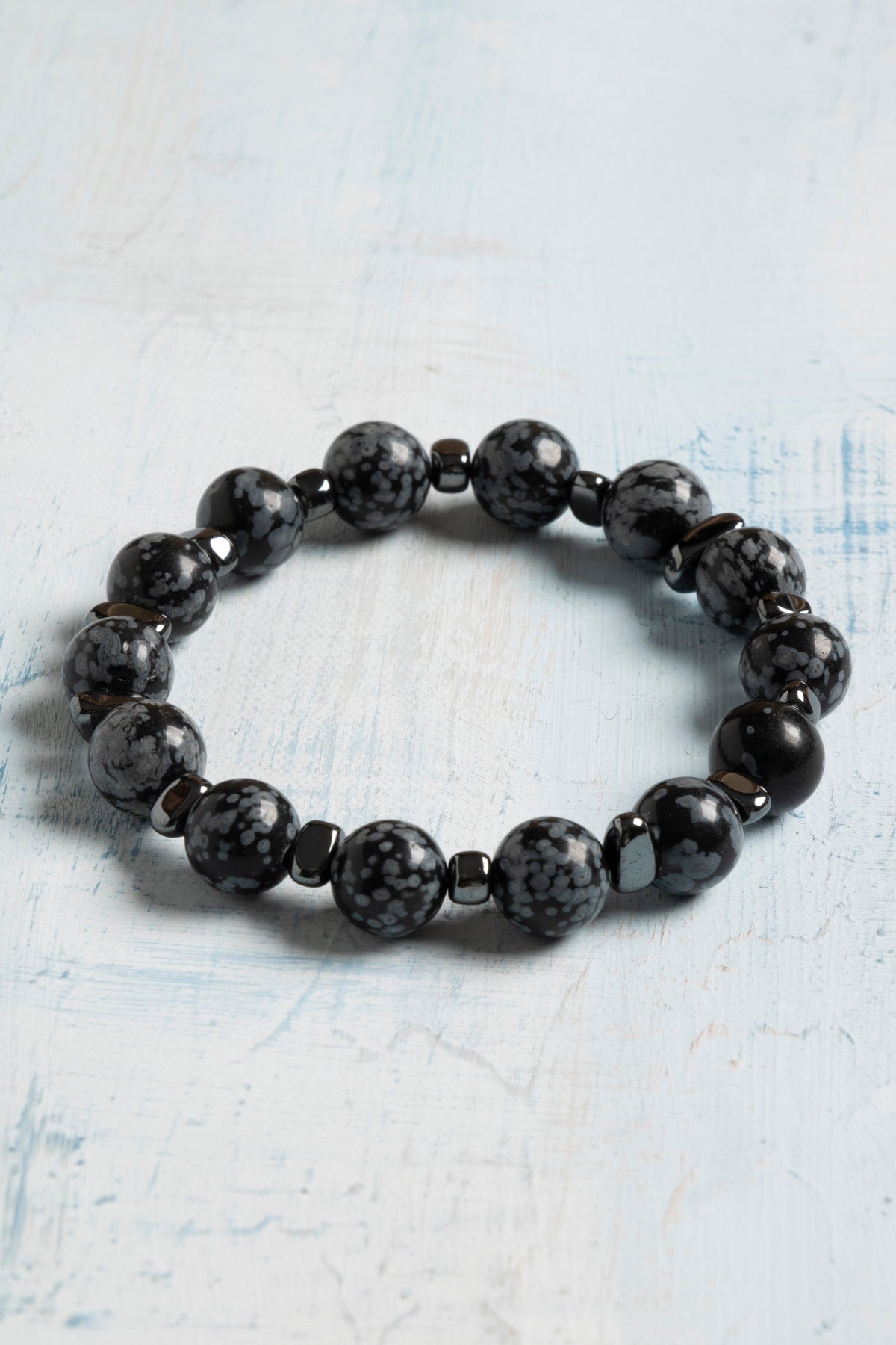 Sertifikalı Karlı Obsidyen ve Hematit Doğal Taş Bileklik – 8 mm