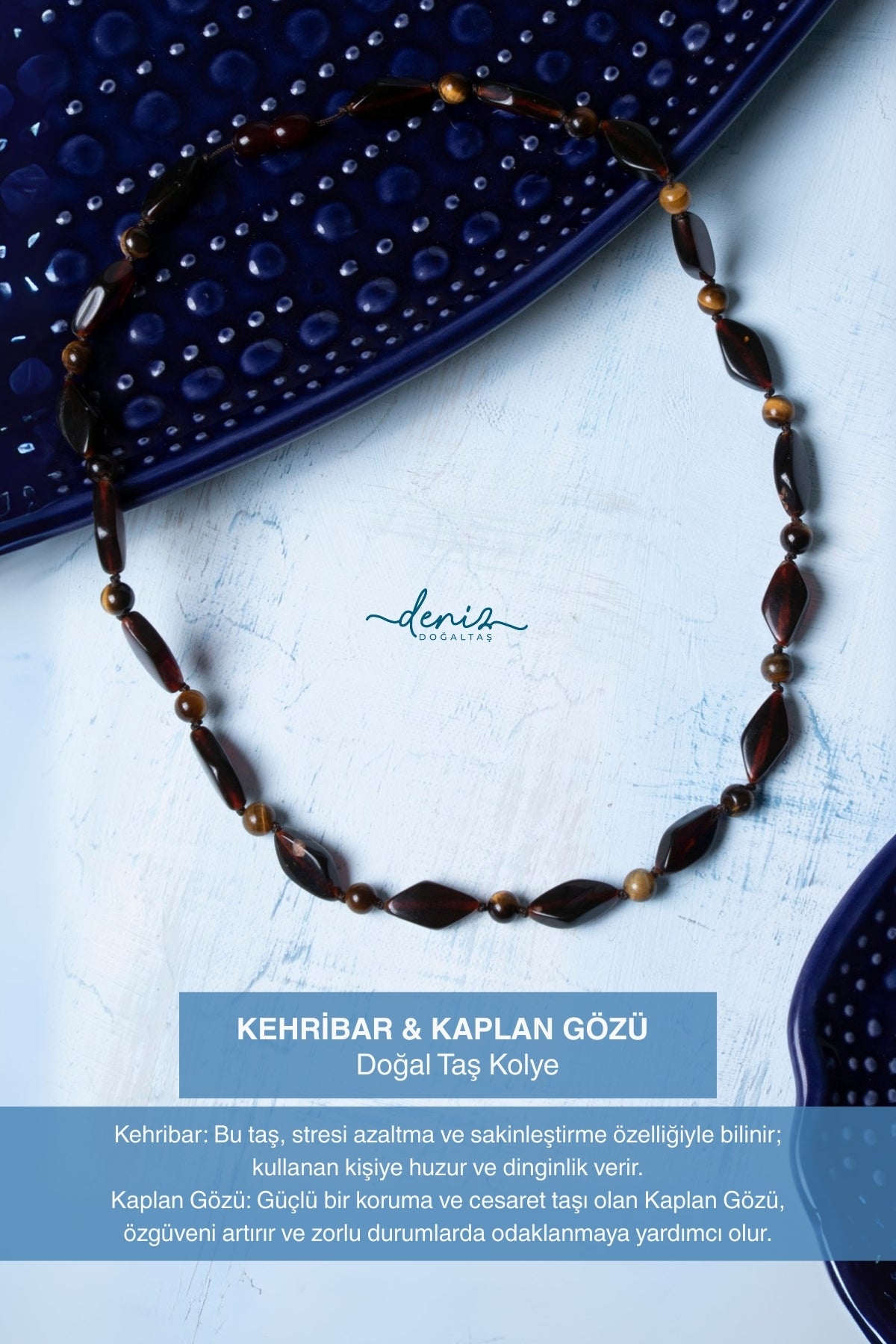 Sertifikalı Kehribar Kaplan Gözü Doğal Taş Kolye