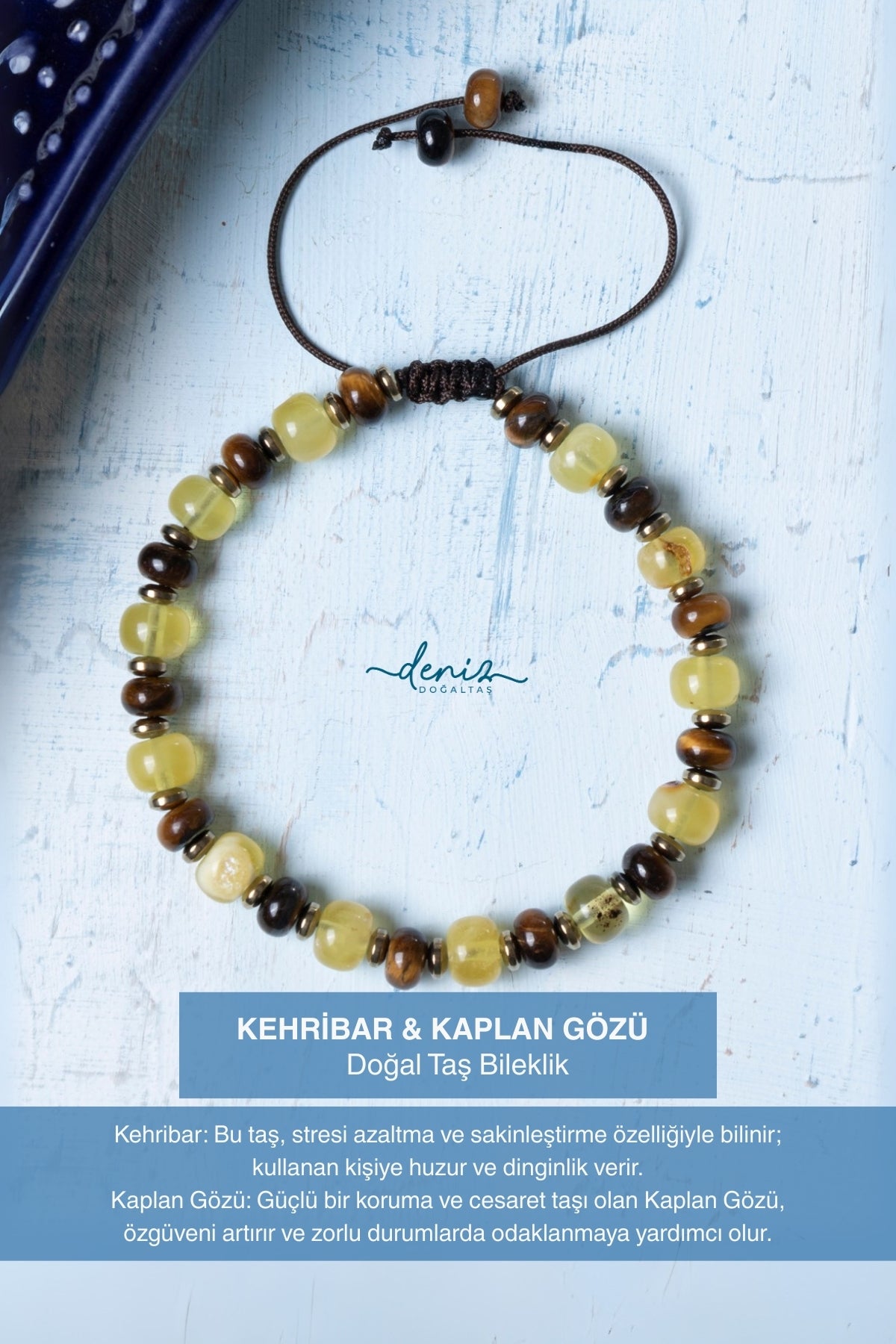 Sertifikalı Kehribar Kaplan Gözü Doğal Taş Makrome Bileklik