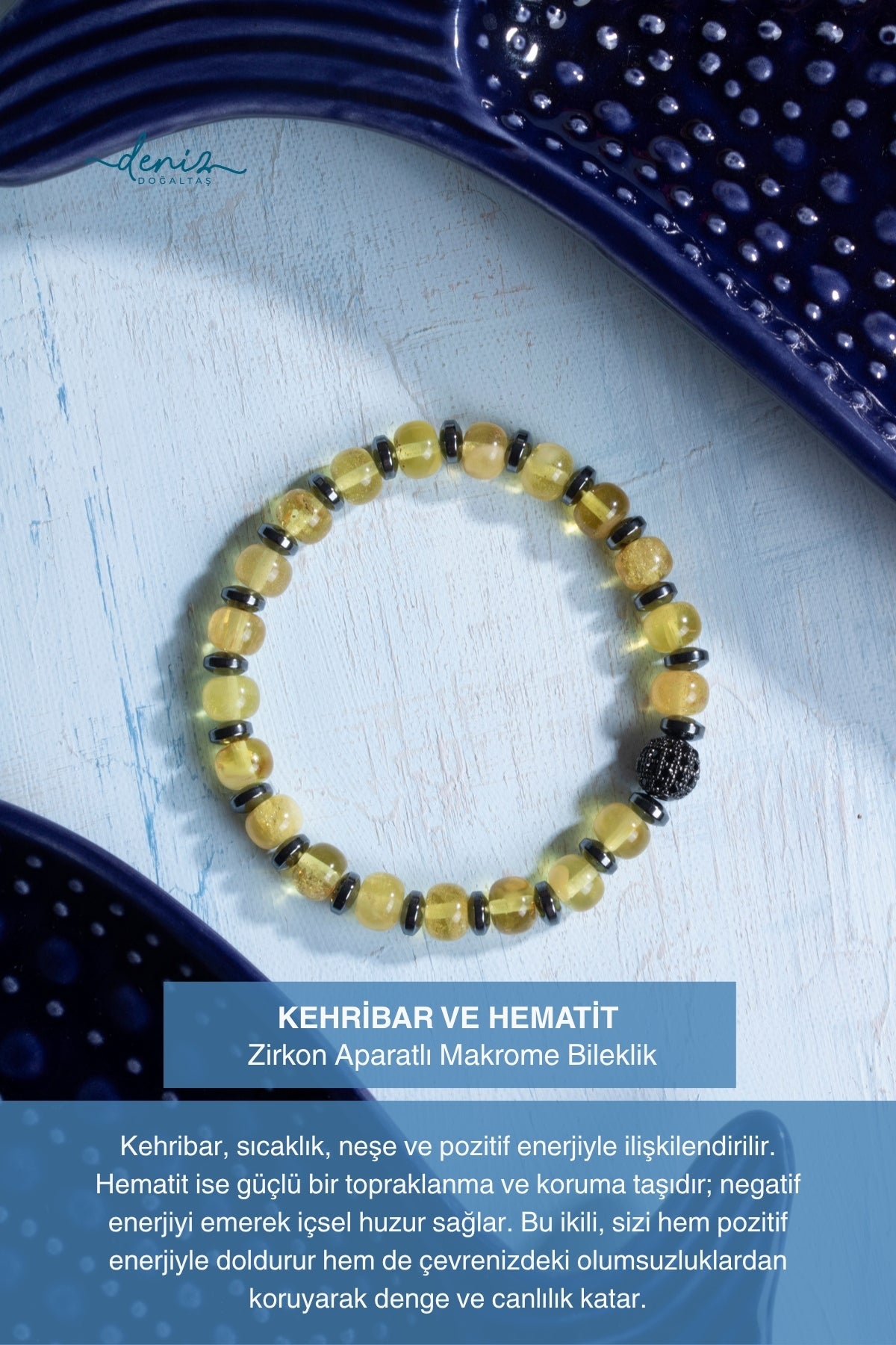 Sertifikalı Kehribar ve Hematit Doğal Taş Bileklik