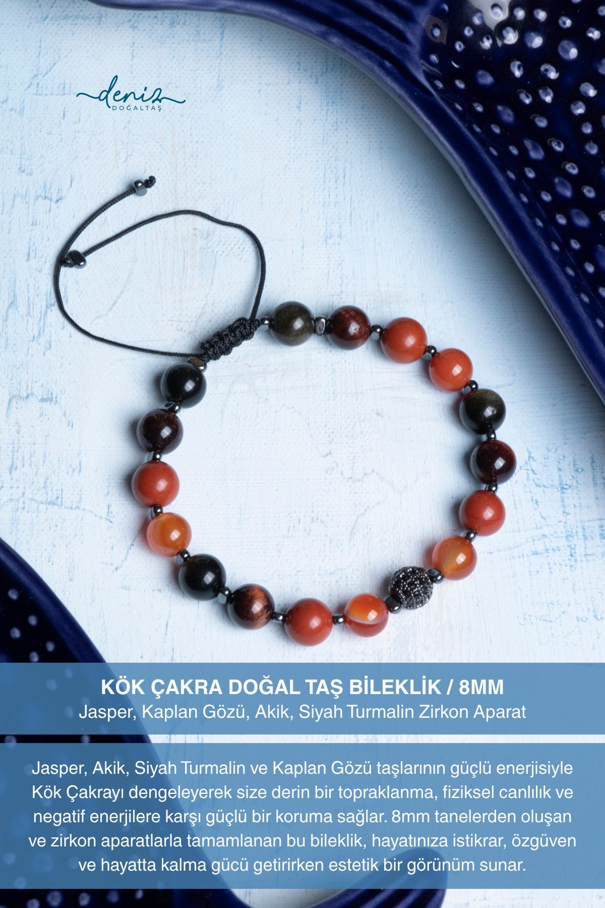 Sertifikalı Kök Çakra Doğal Taş Makrome Bileklik / 8MM