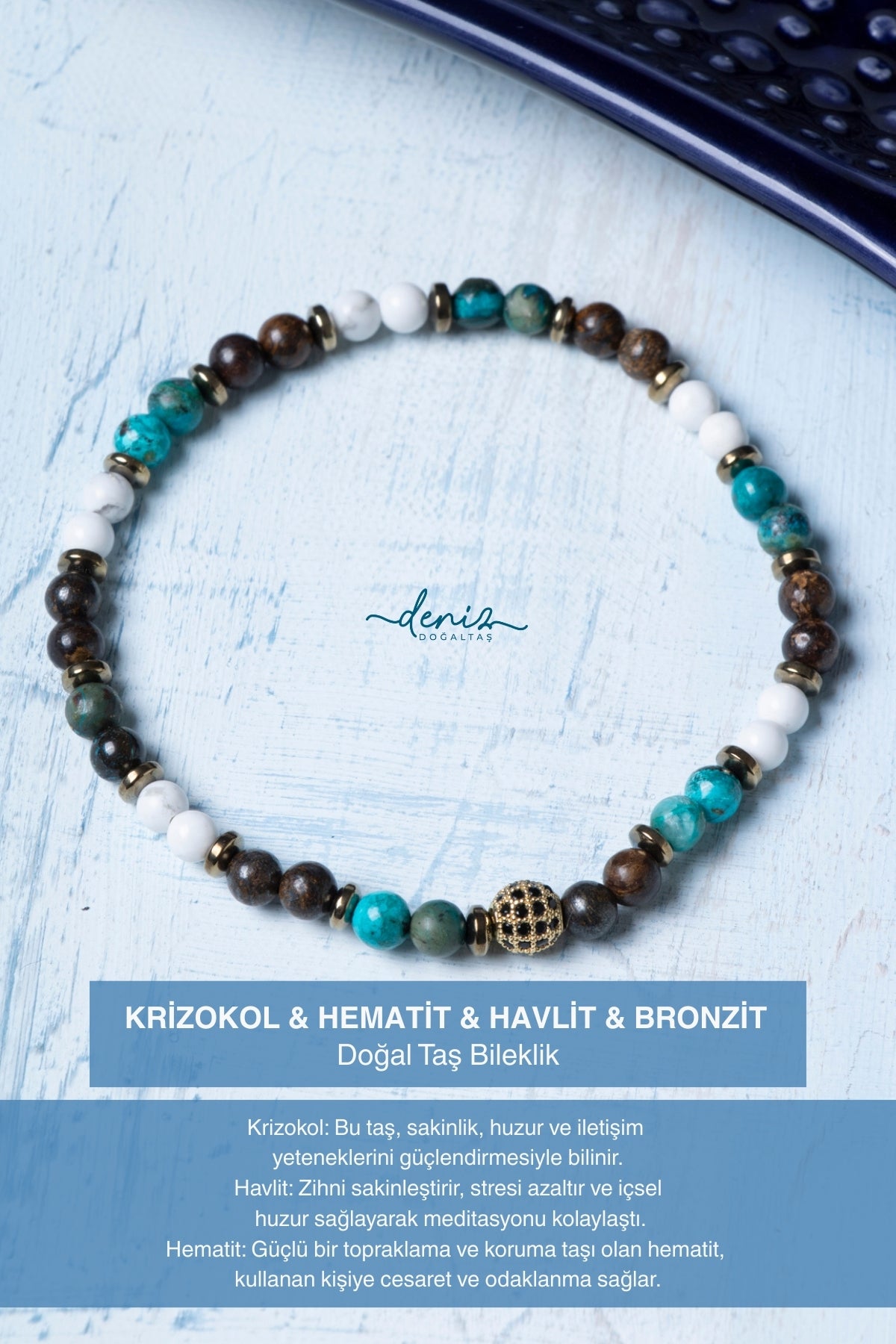 Sertifikalı Krizokol Hematit Havlit Bronzit Doğal Taş Bileklik