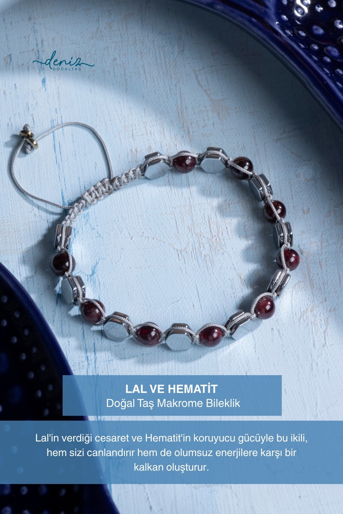 Sertifikalı Lal ve Hematit Doğal Taş Makrome Bileklik