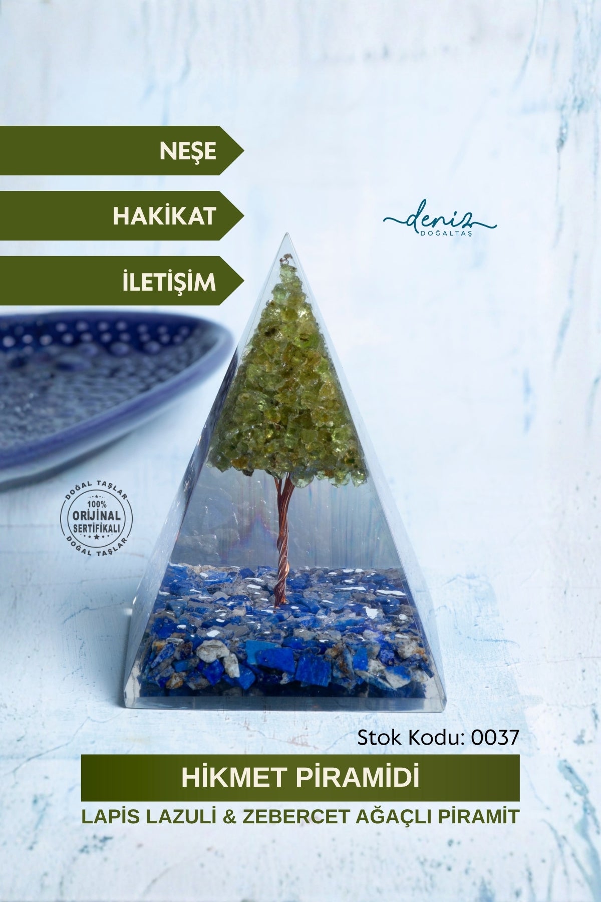 Sertifikalı Lapis Lazuli &amp; Zebercet Ağaçlı Piramit - Hikmet Piramidi S.K:0037