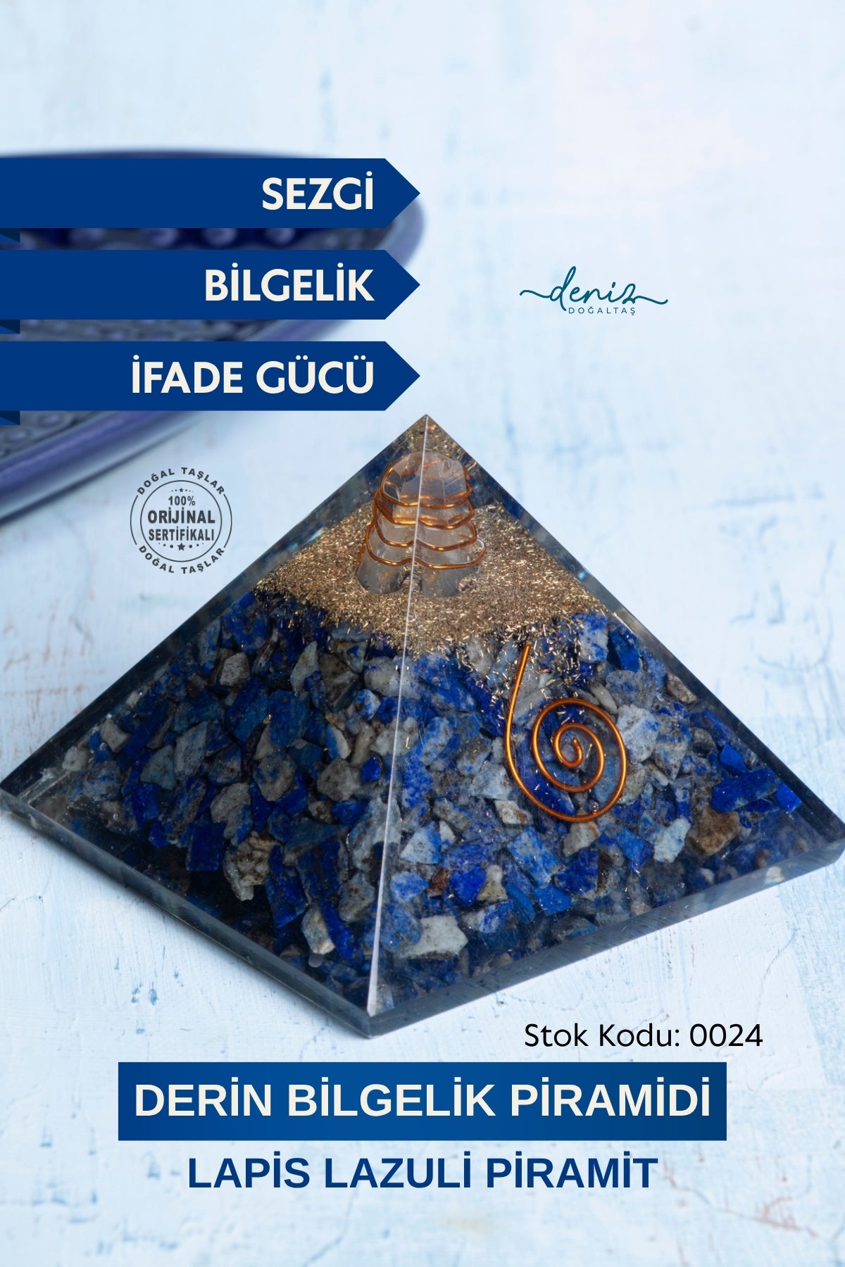 Sertifikalı Lapis Lazuli Doğal Taş Derin Bilgelik Piramidi S.K: 0024