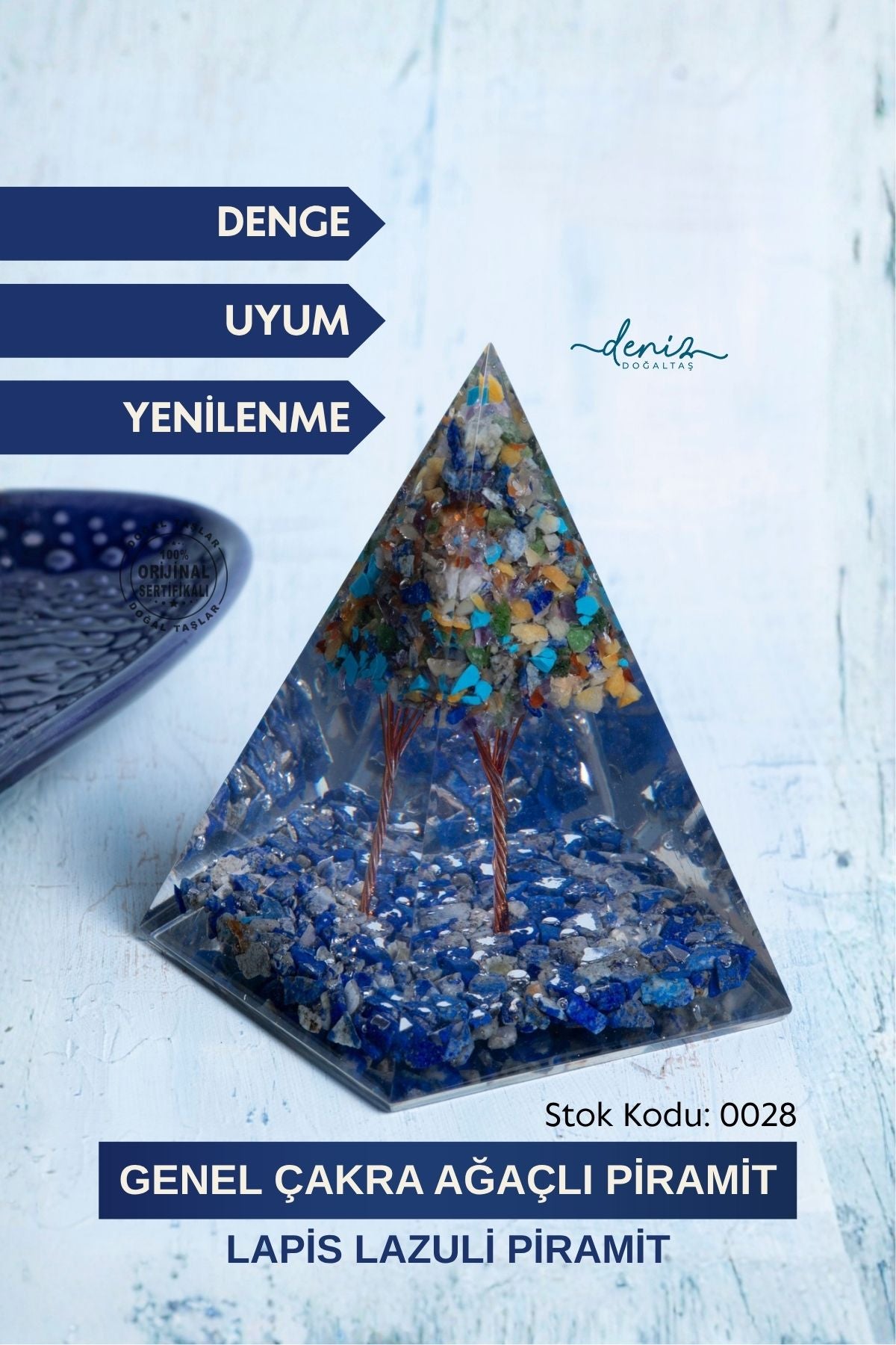Sertifikalı Lapis Lazuli Doğal Taş Genel Çakra Ağaçlı Piramit S.K: 0028