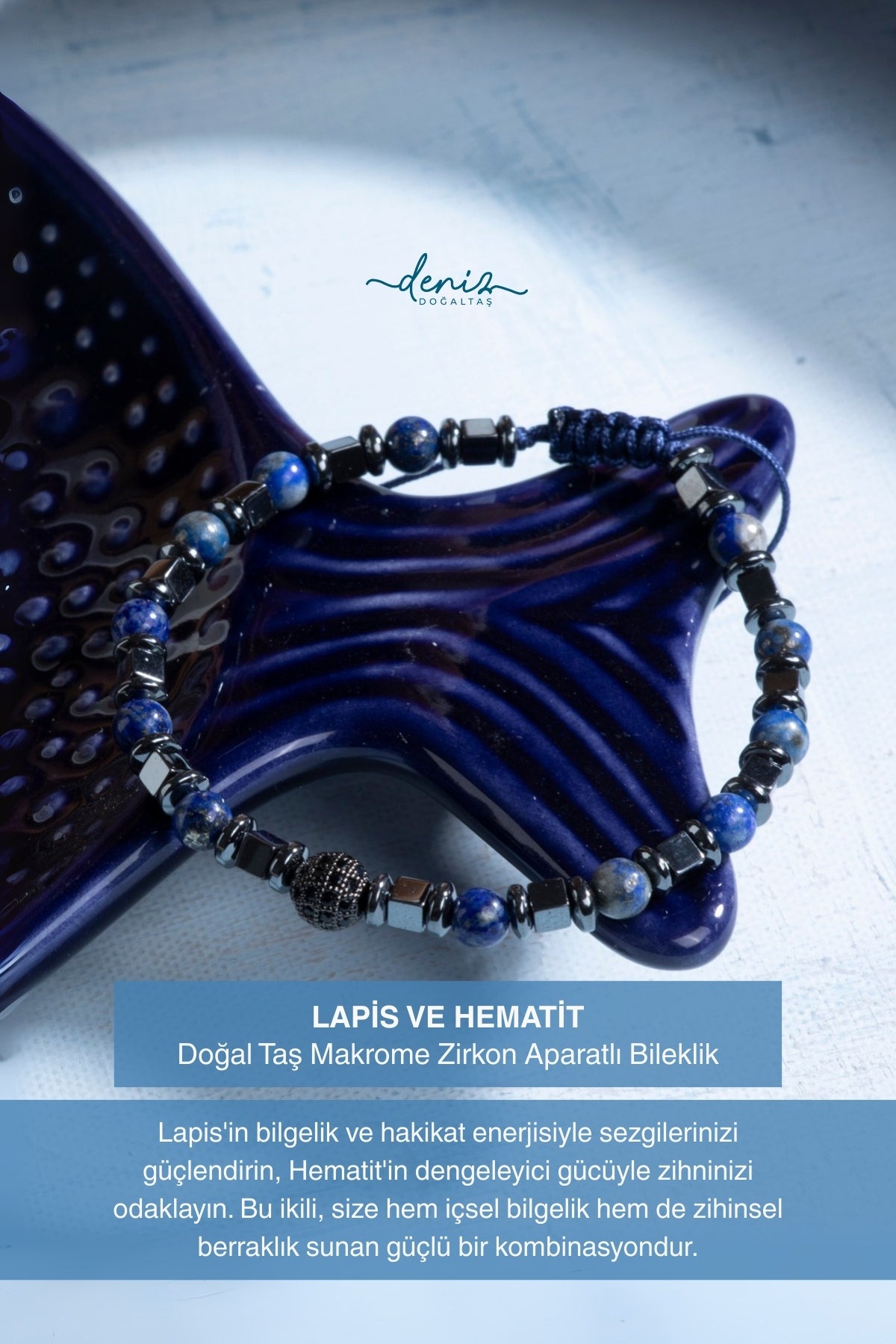 Sertifikalı Lapis Lazuli ve Hematit Doğal Taş Makrome Bileklik
