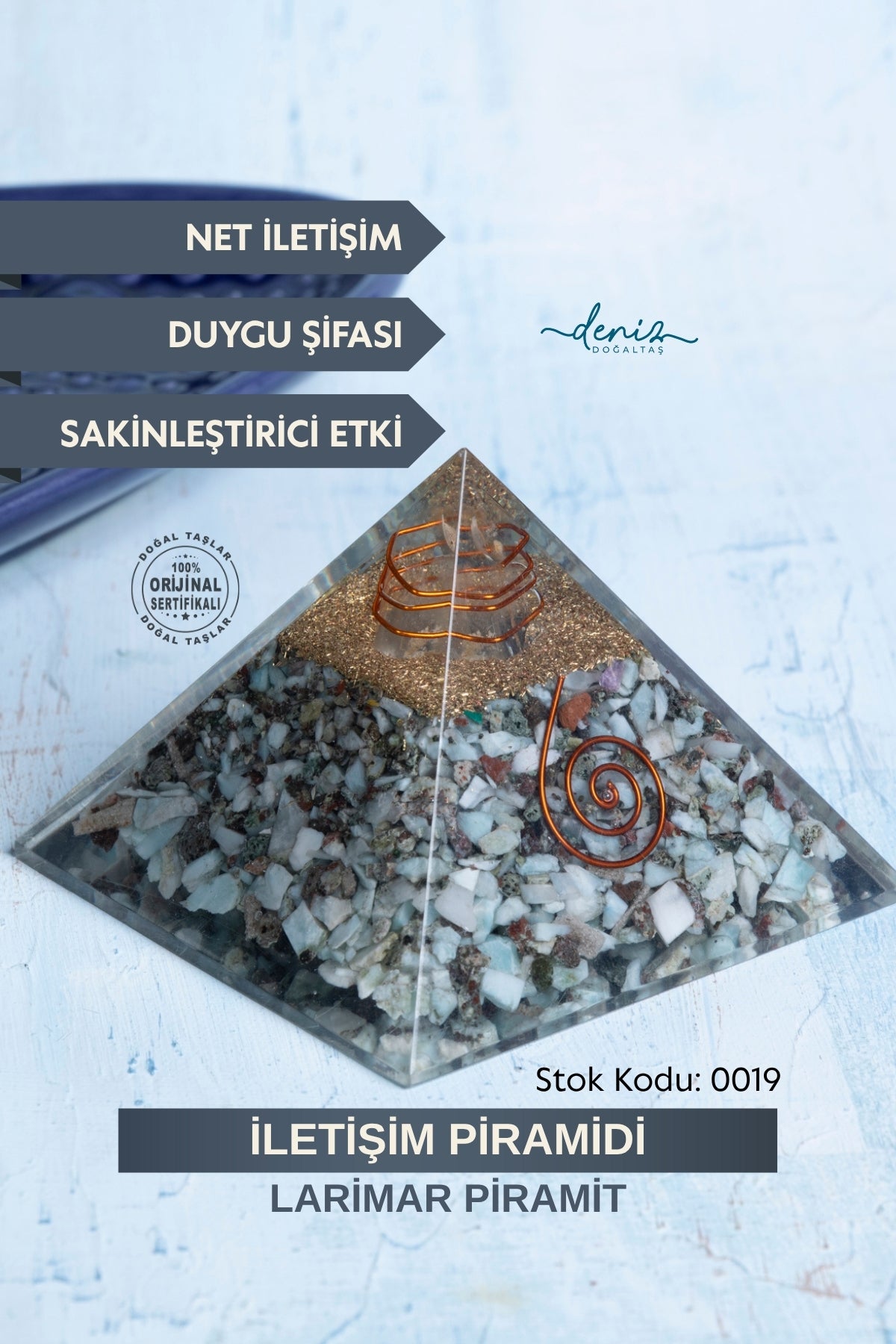 Sertifikalı Larimar Doğal Taş İletişim Piramidi S.K: 0019