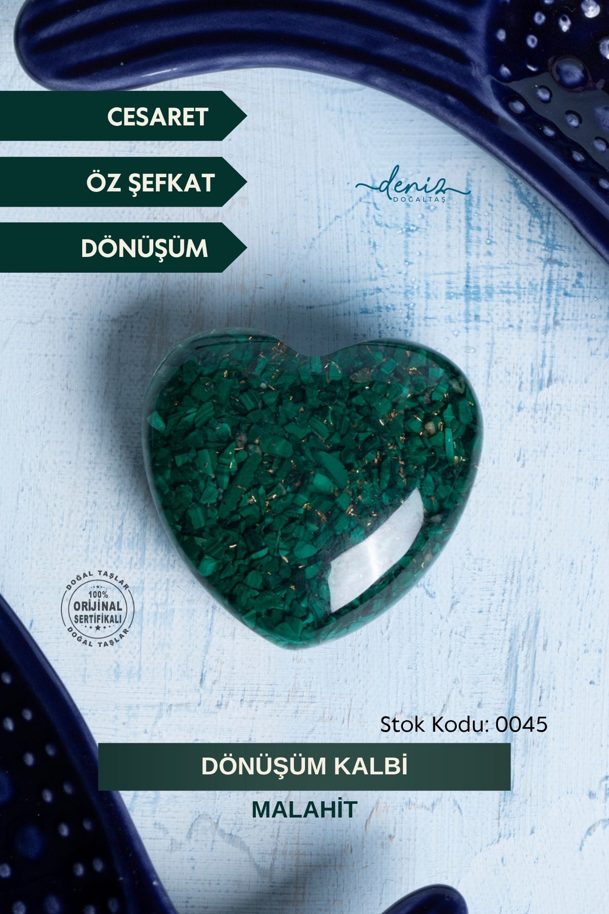 Sertifikalı Malahit Doğal Taş Dönüşüm Kalbi S.K: 0045