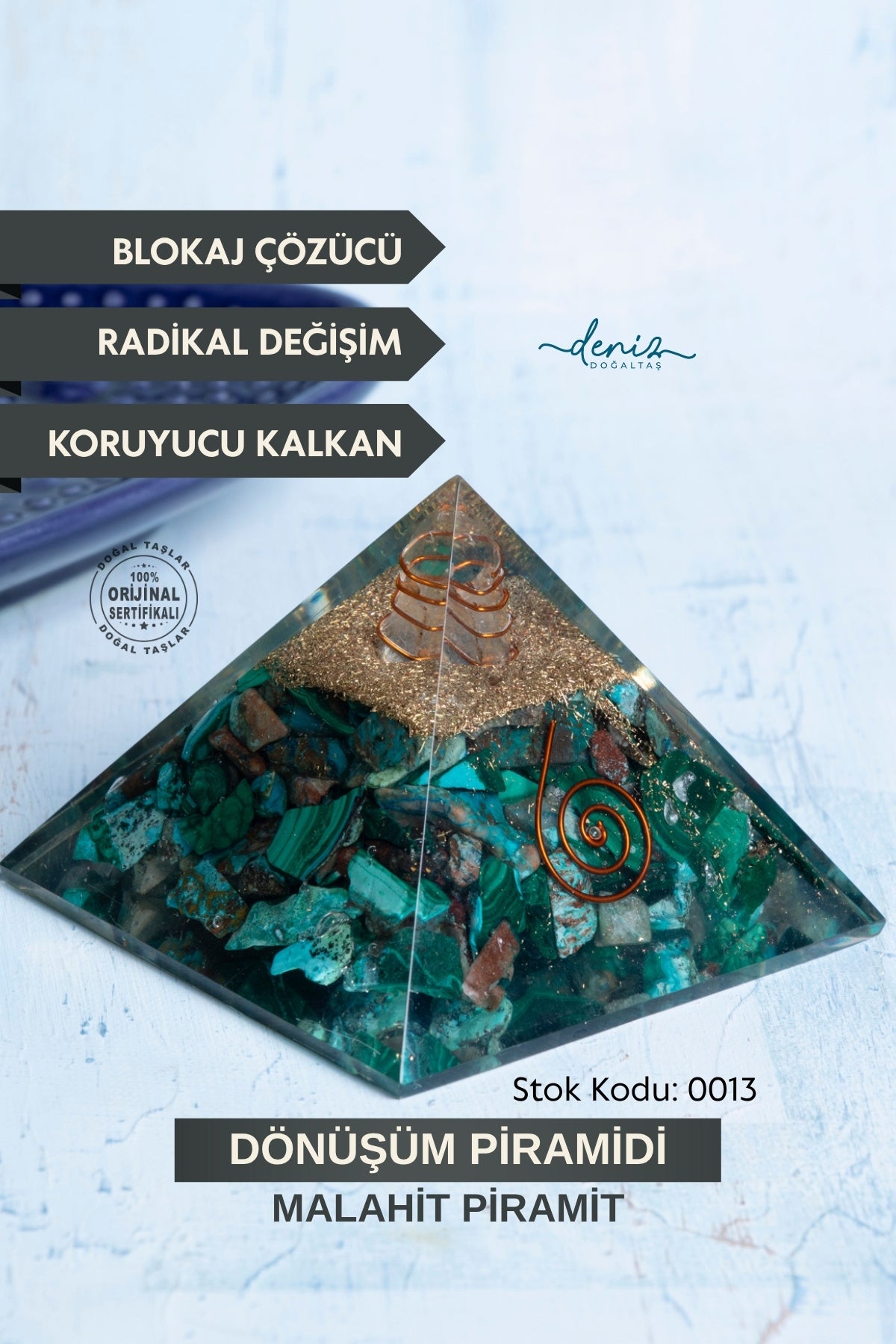 Sertifikalı Malahit Doğal Taş Dönüşüm Piramidi S.K: 0013