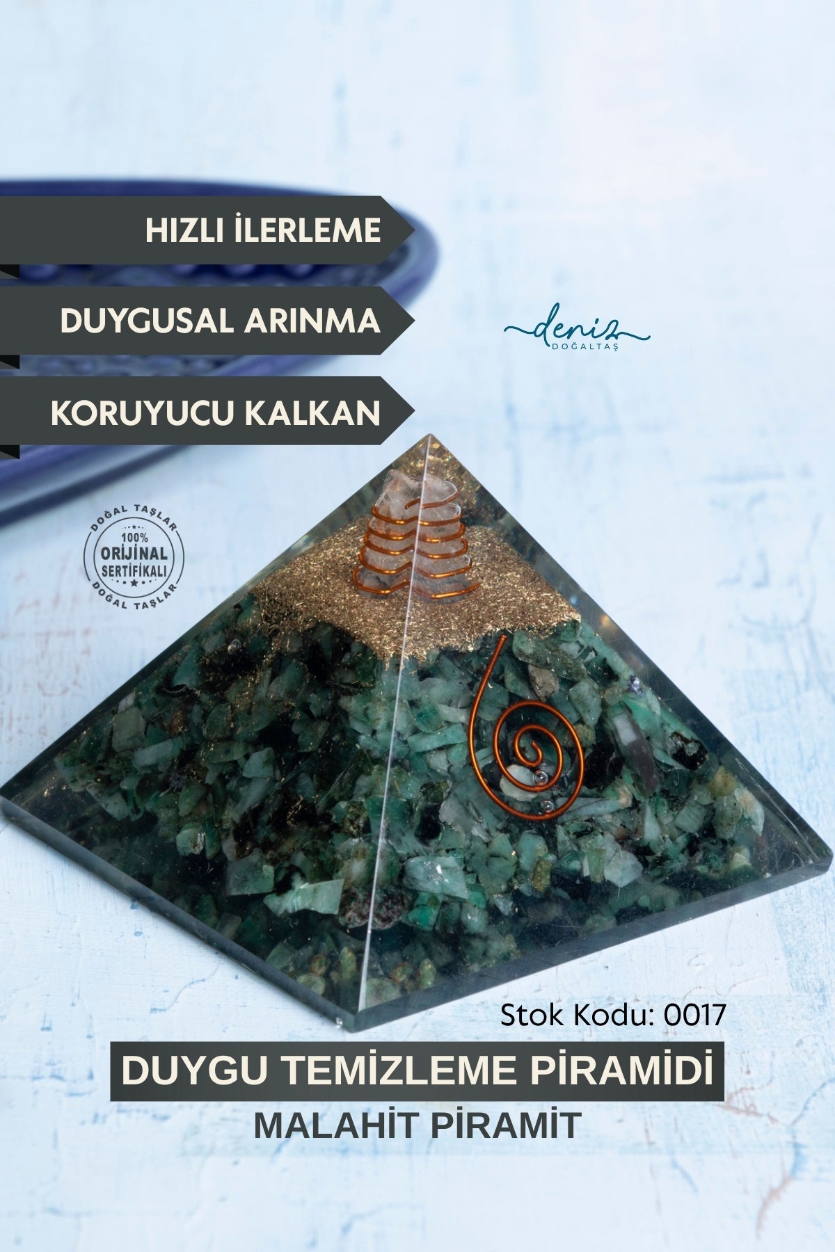 Sertifikalı Malahit Doğal Taş Duygu Temizleme Piramidi S.K: 0017