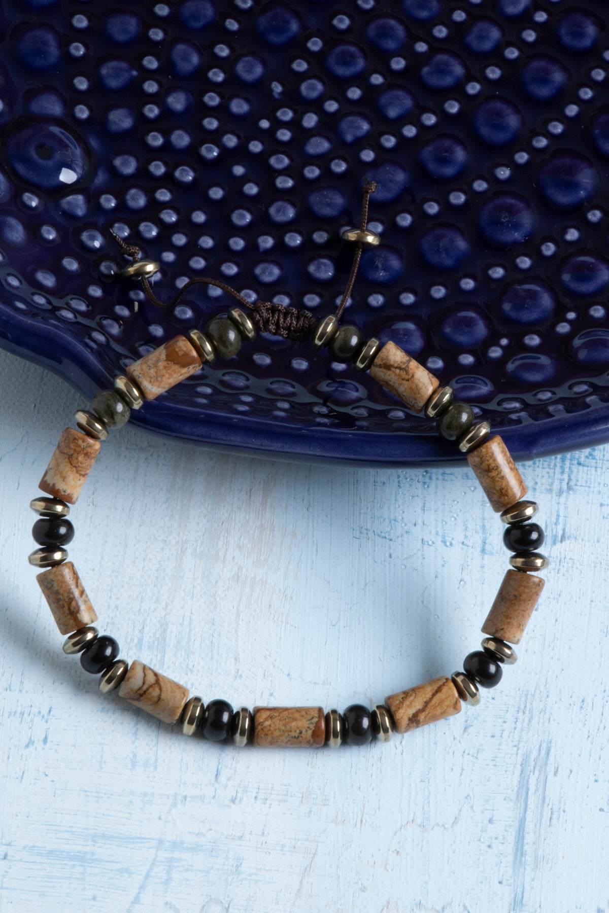 Sertifikalı Obsidyen, Jasper ve Hematit Doğal Taş Makrome Bileklik