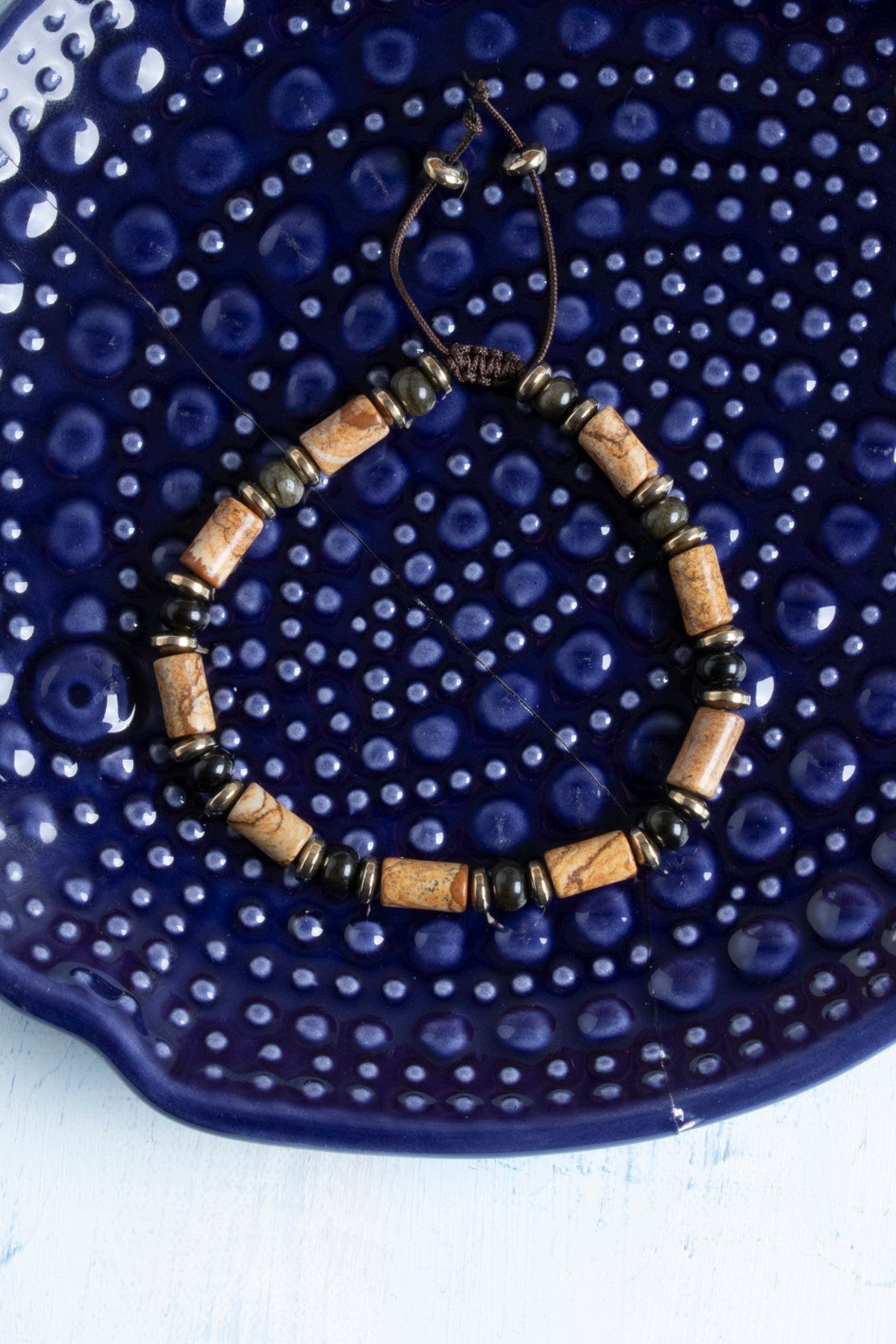 Sertifikalı Obsidyen, Jasper ve Hematit Doğal Taş Makrome Bileklik