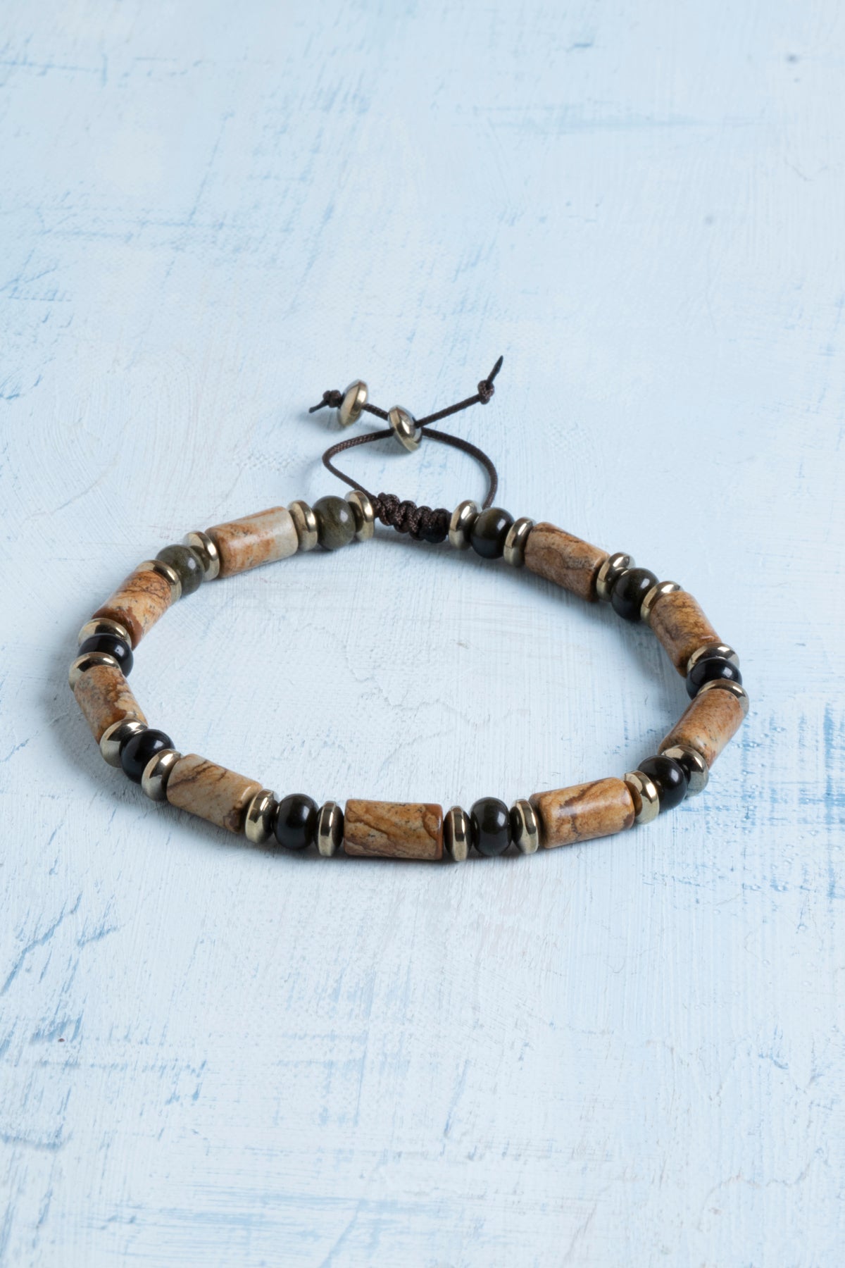 Sertifikalı Obsidyen, Jasper ve Hematit Doğal Taş Makrome Bileklik