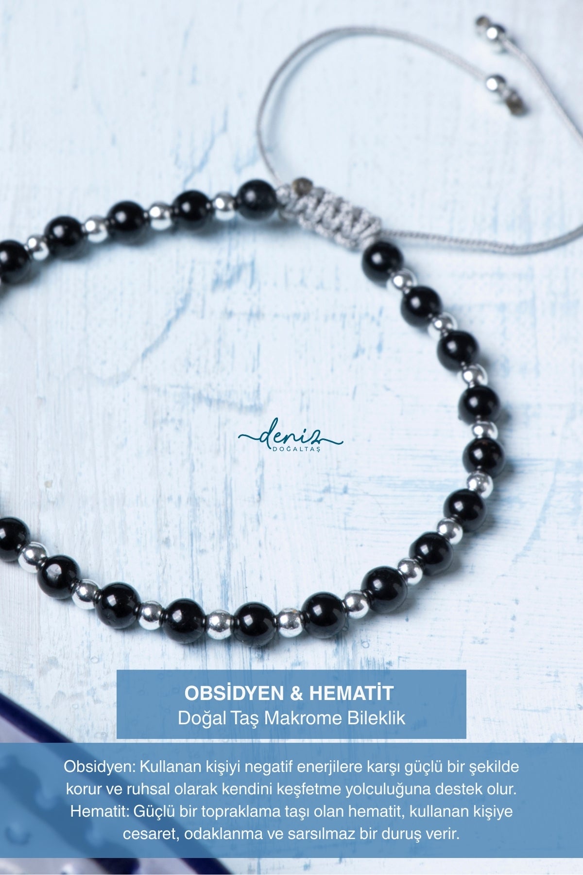 Sertifikalı Obsidyen Hematit Doğal Taş Makrome Bileklik