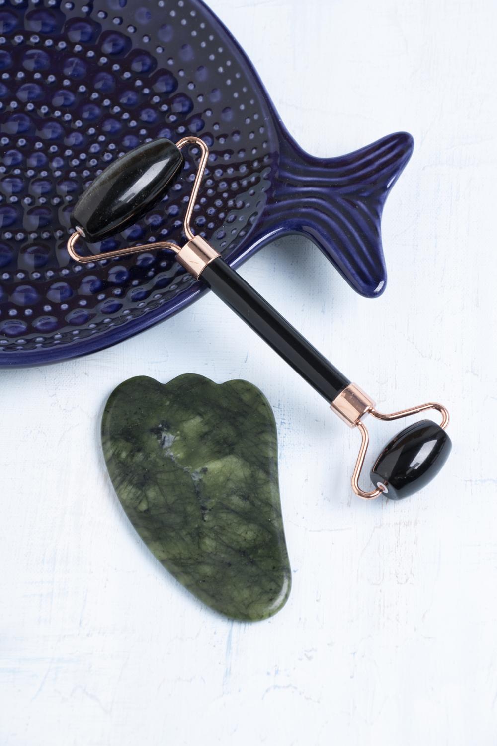 Sertifikalı Obsidyen Roller &amp; Yeşim Kaz Ayaklı Gua Sha