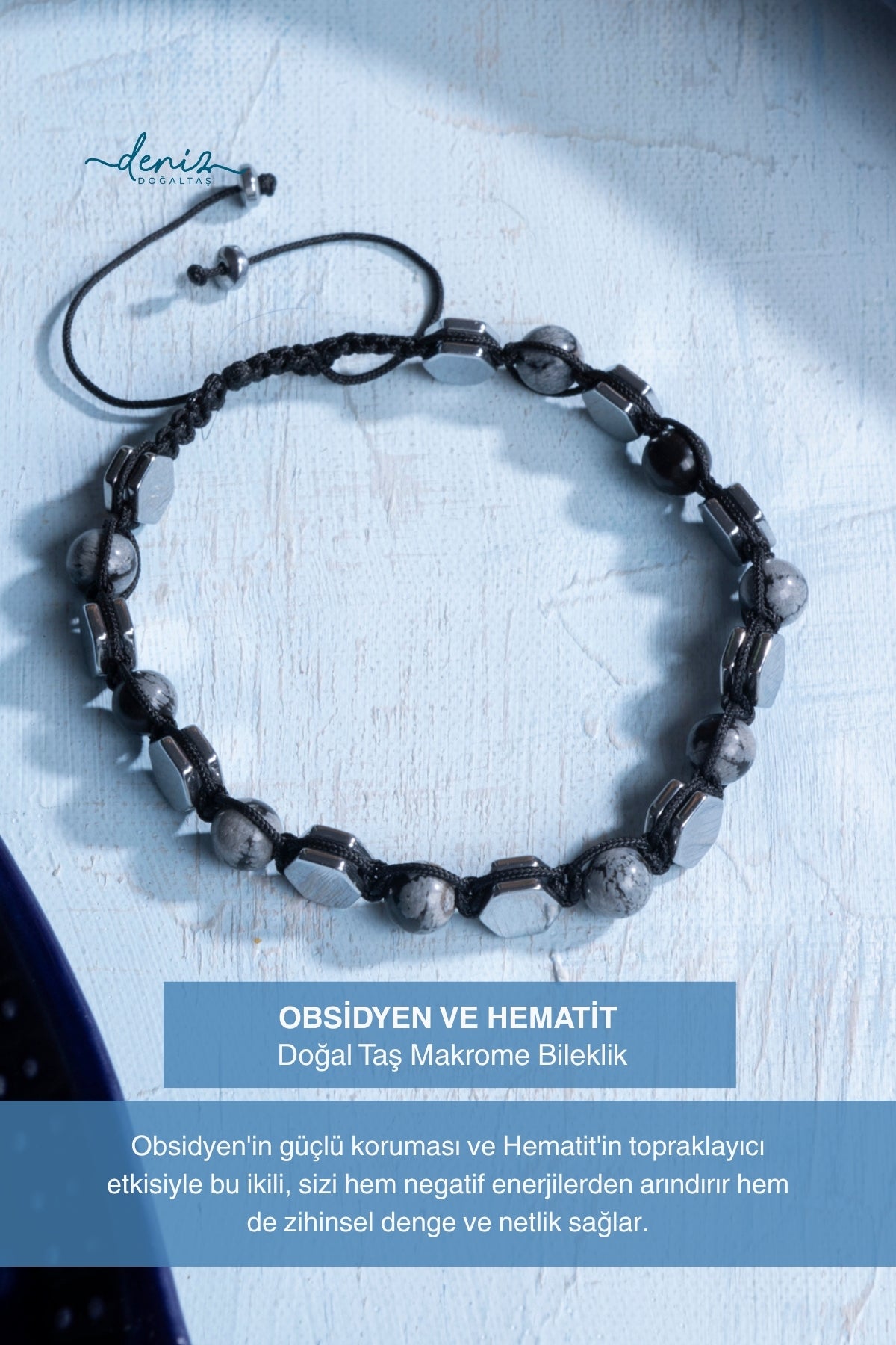 Sertifikalı Obsidyen ve Hematit Doğal Taş Makrome Bileklik
