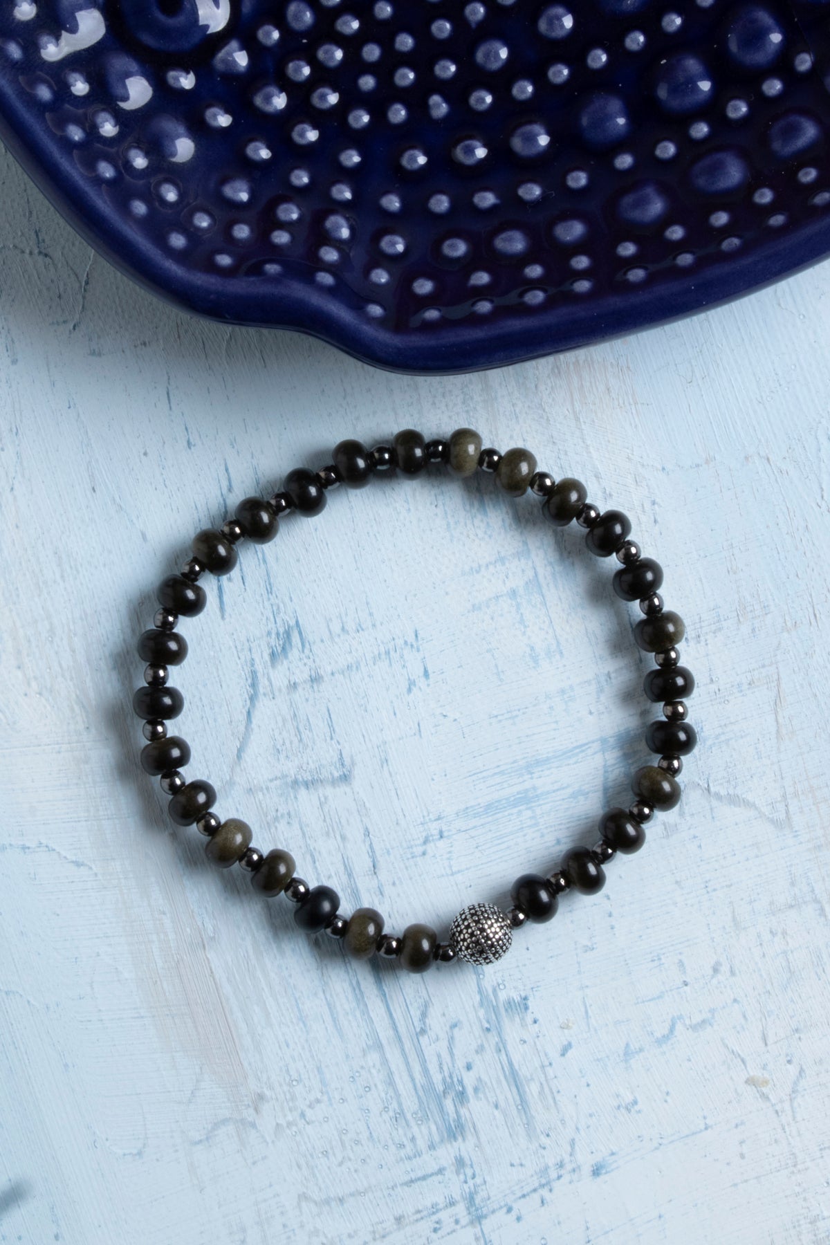 Sertifikalı Obsidyen ve Hematit Taşlı Gümüş Aparatlı Bileklik