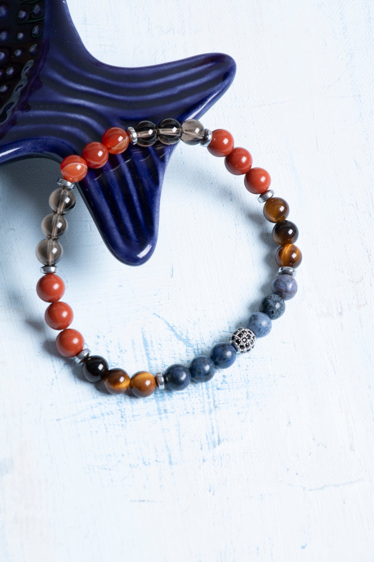 Sertifikalı Oğlak Burcu Dumanlı Kuvars, Dumortierit, Jasper ve Kaplan Gözü Bileklik