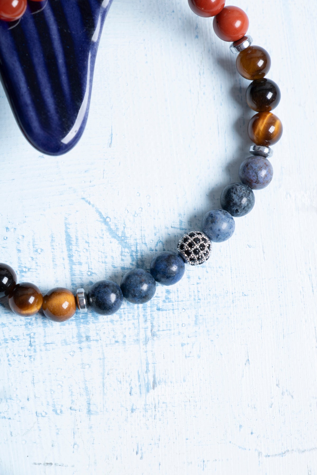 Sertifikalı Oğlak Burcu Dumanlı Kuvars, Dumortierit, Jasper ve Kaplan Gözü Bileklik