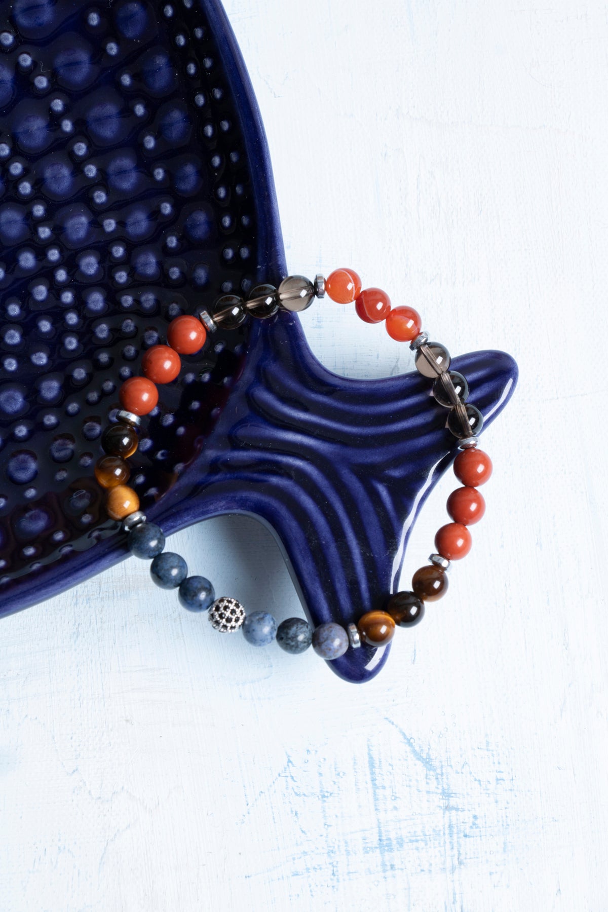 Sertifikalı Oğlak Burcu Dumanlı Kuvars, Dumortierit, Jasper ve Kaplan Gözü Bileklik