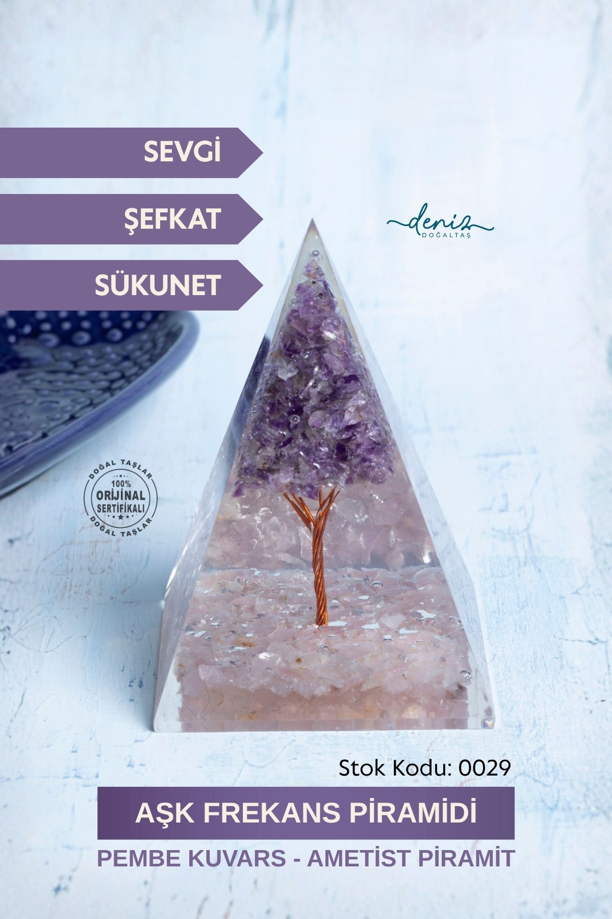 Sertifikalı Pembe Kuvars - Ametist Doğal Taş Aşk Frekans Piramidi S.K: 0029