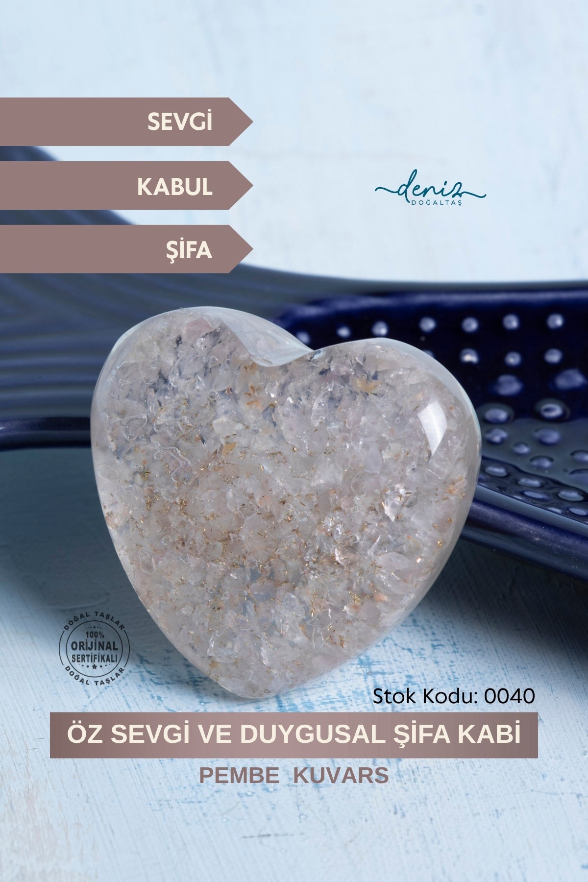 Sertifikalı Pembe Kuvars - Öz Sevgi ve Duygusal Şifa Kalbi S.K: 0040