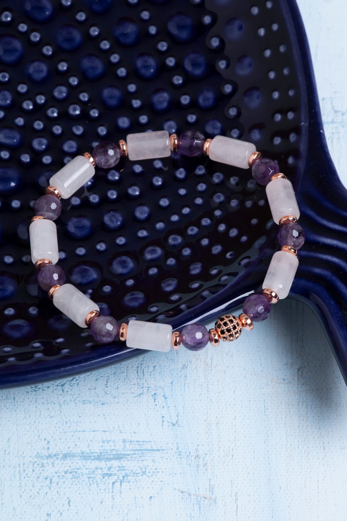 Sertifikalı Pembe Kuvars, Ametist ve Hematit Doğal Taş Bileklik