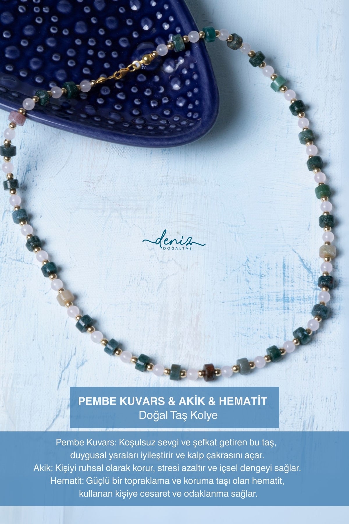 Sertifikalı Pembe Kuvars Akik Hematit Doğal Taş Kolye