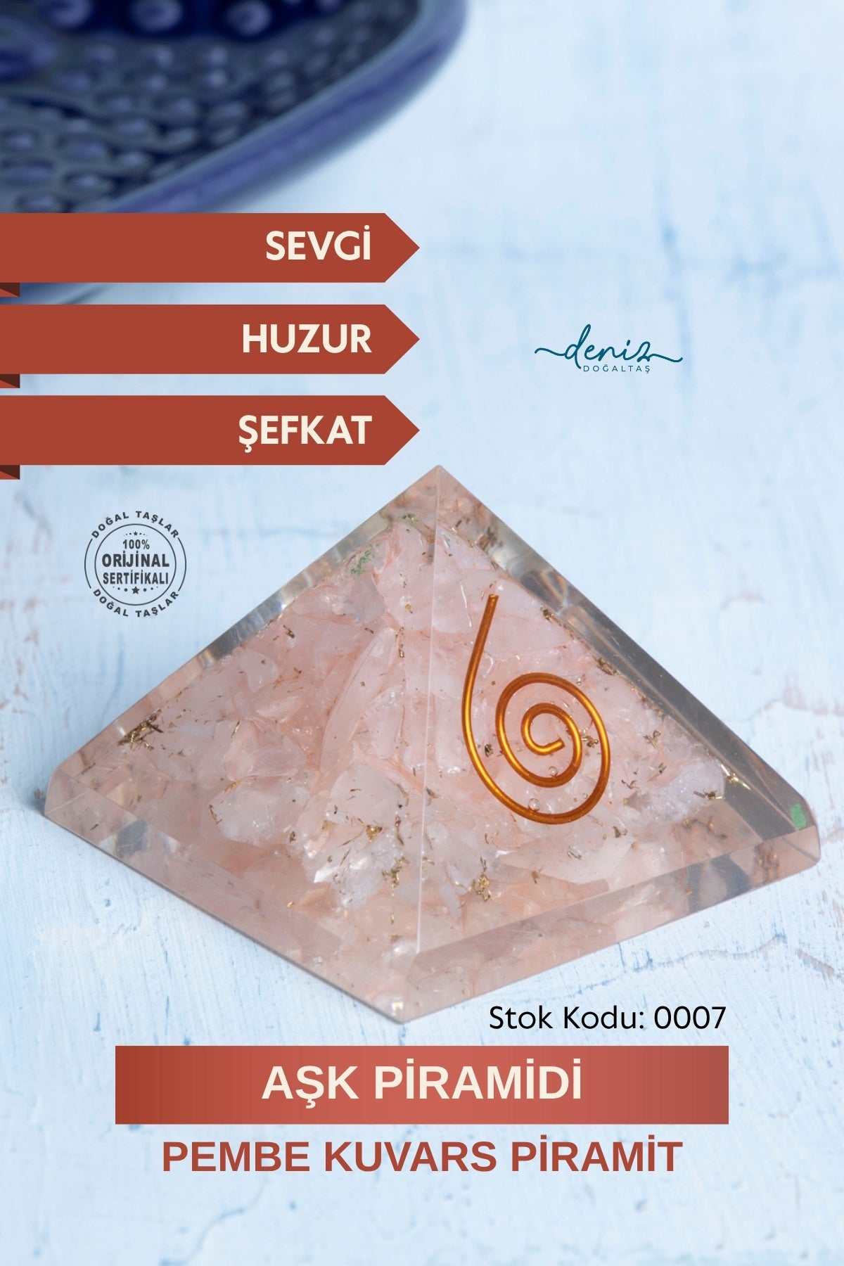 Sertifikalı Pembe Kuvars Doğal Taş Aşk Piramidi S.K: 0007