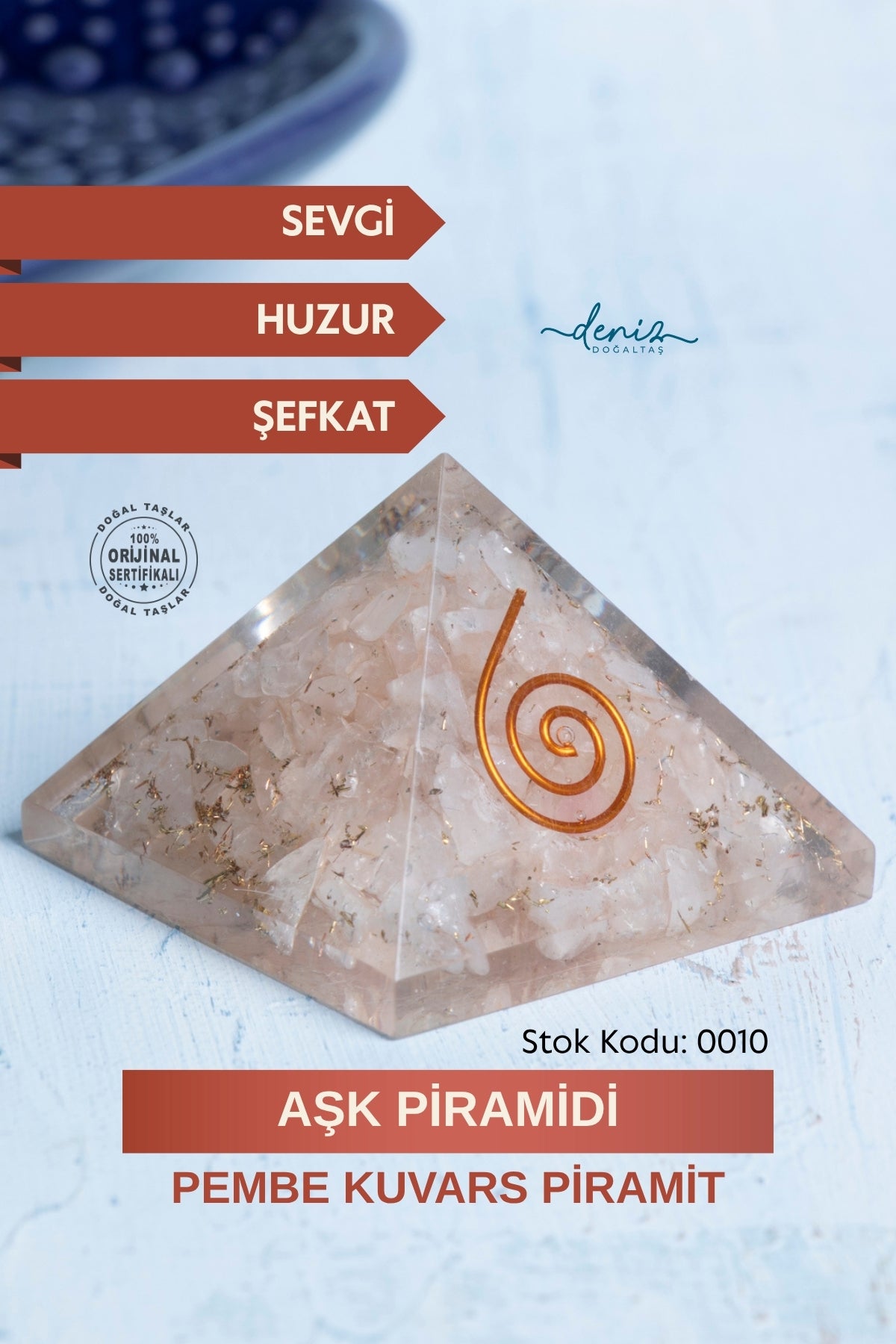 Sertifikalı Pembe Kuvars Doğal Taş Aşk Piramidi S.K: 0010