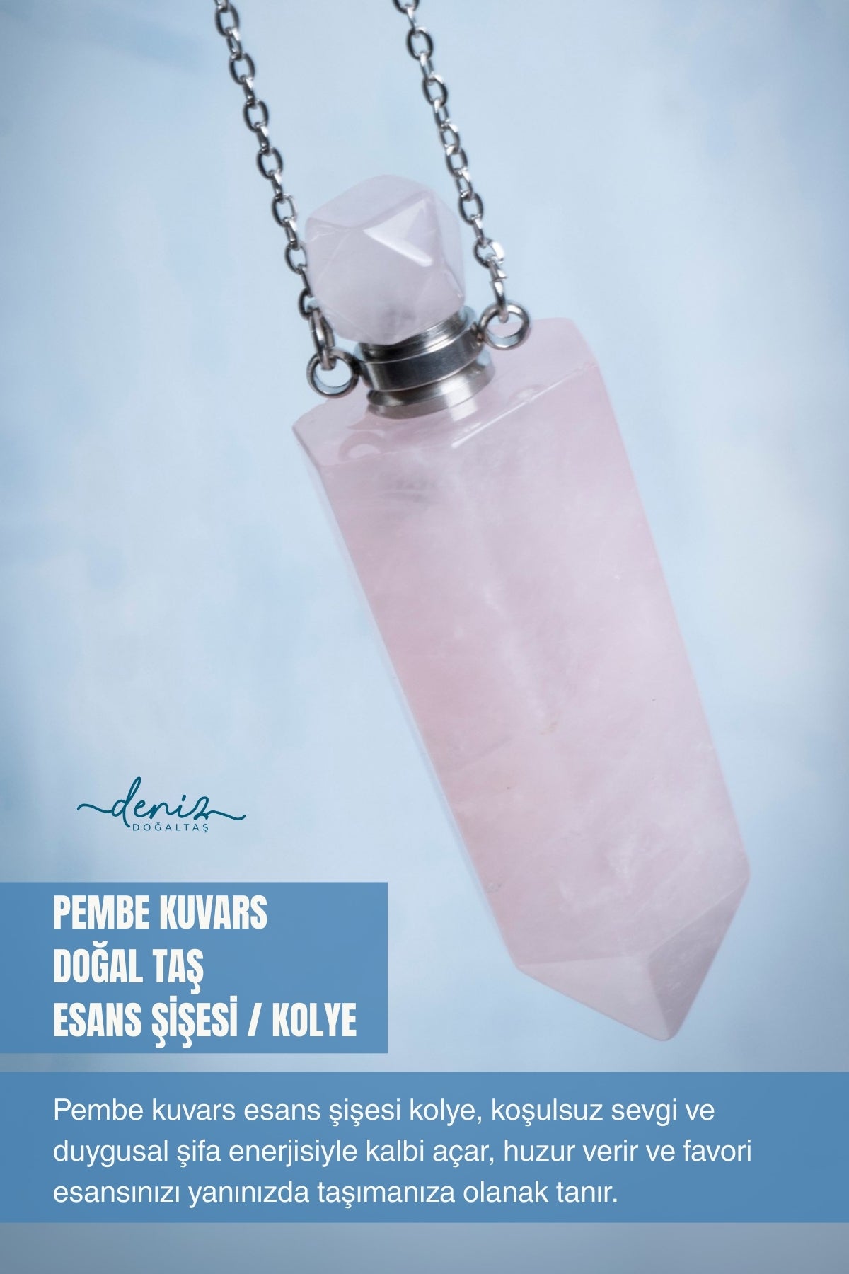 Sertifikalı Pembe Kuvars Doğal Taş Esans Şişesi / Kolye 4