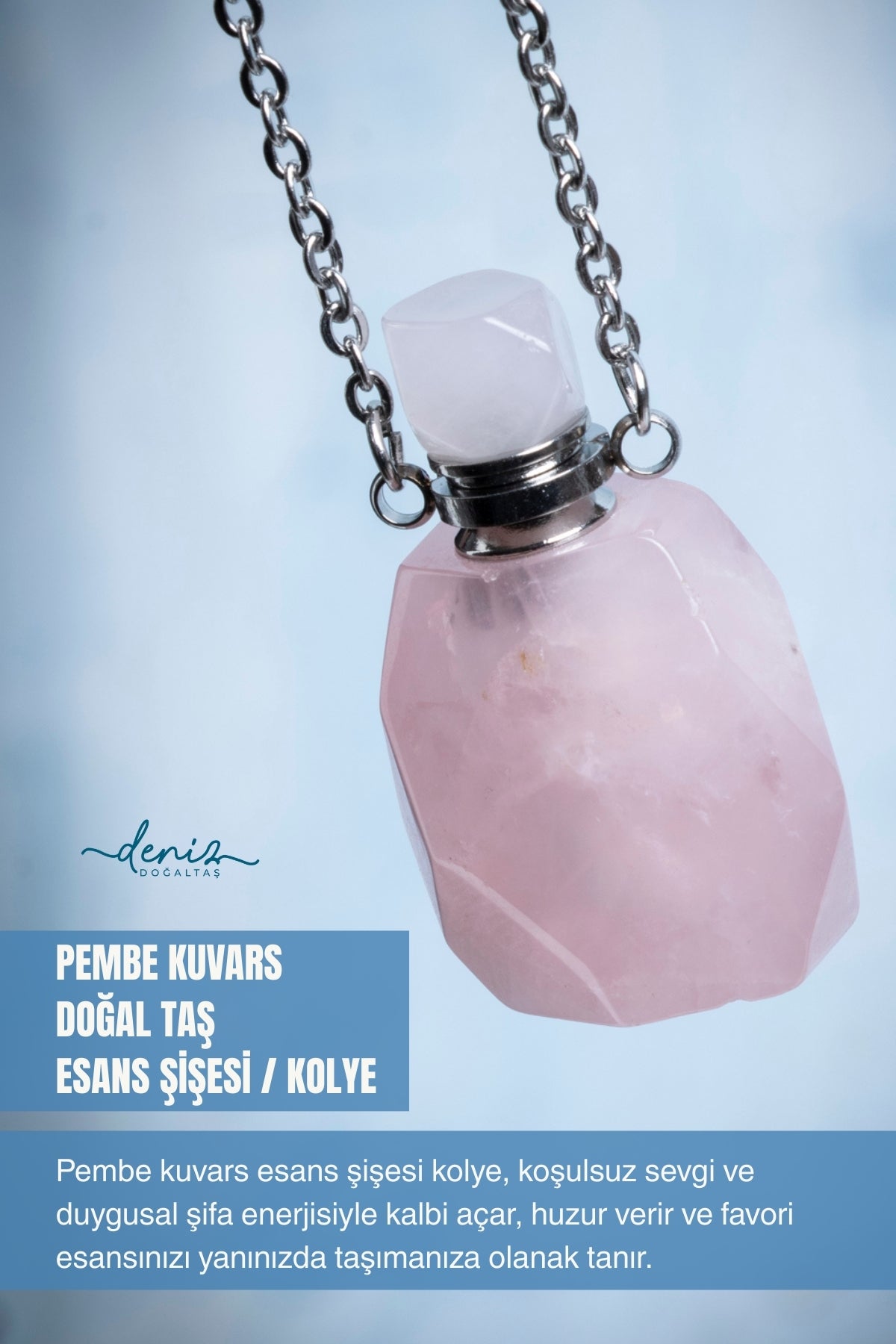 Sertifikalı Pembe Kuvars Doğal Taş Esans Şişesi / Kolye 6