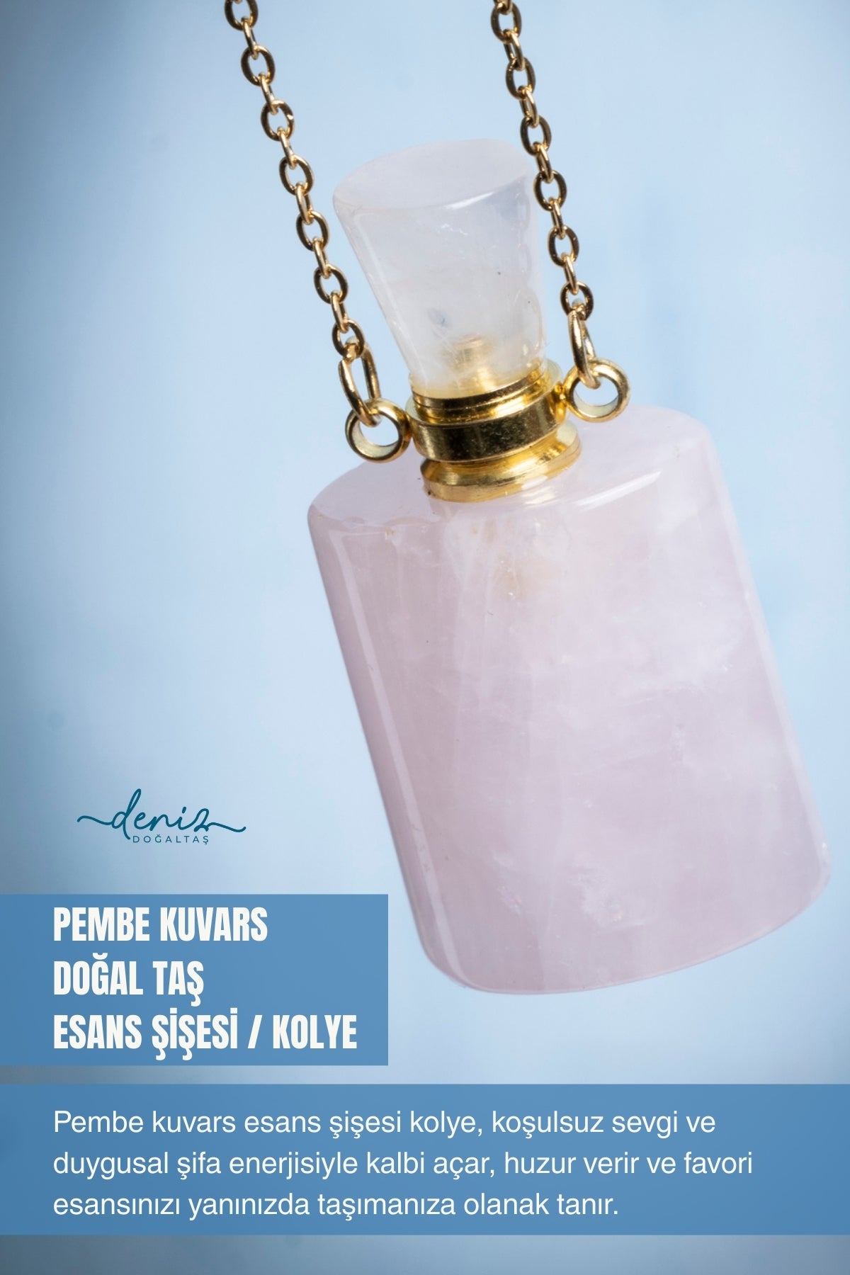 Sertifikalı Pembe Kuvars Doğal Taş Esans Şişesi / Kolye 2