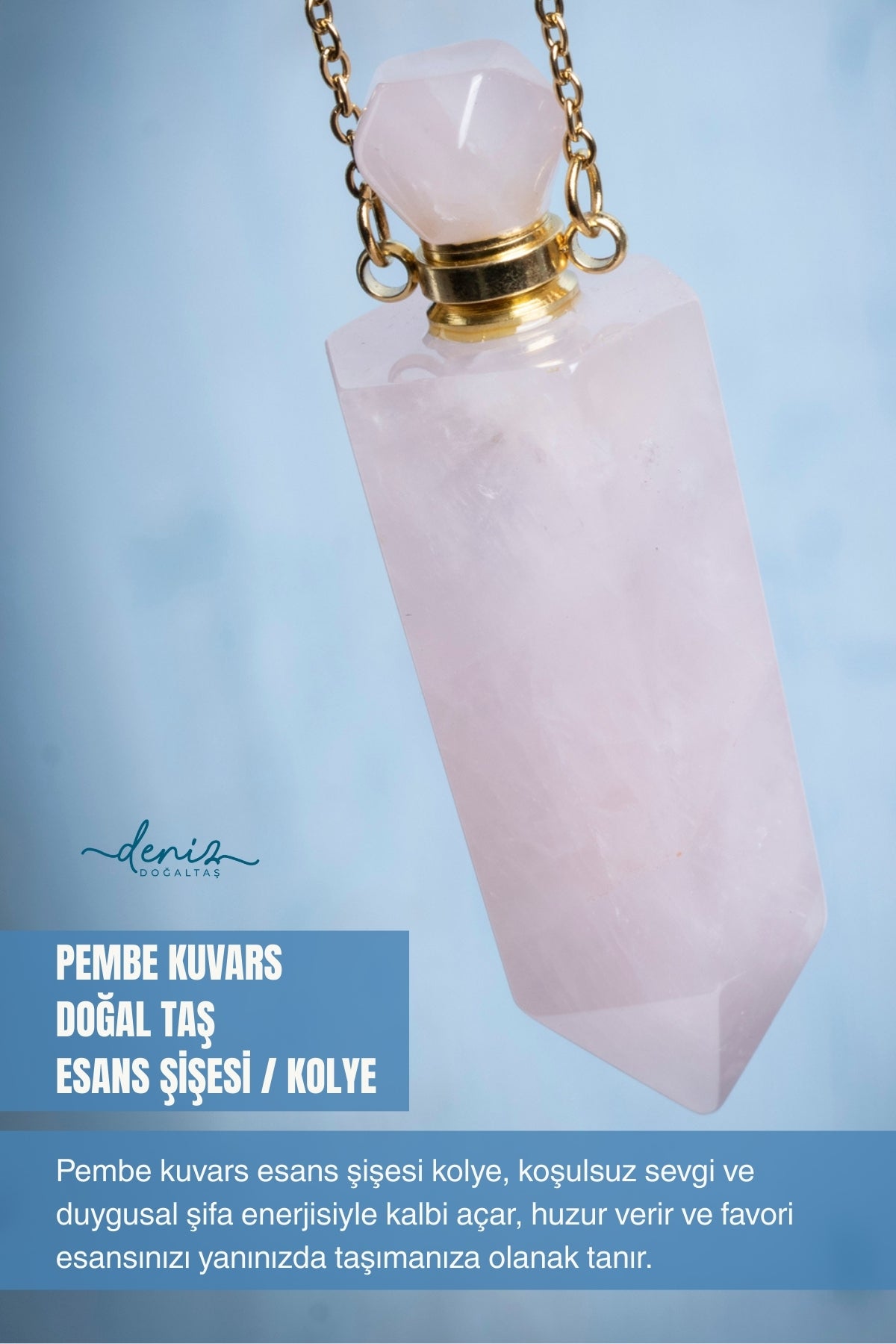 Sertifikalı Pembe Kuvars Doğal Taş Esans Şişesi / Kolye