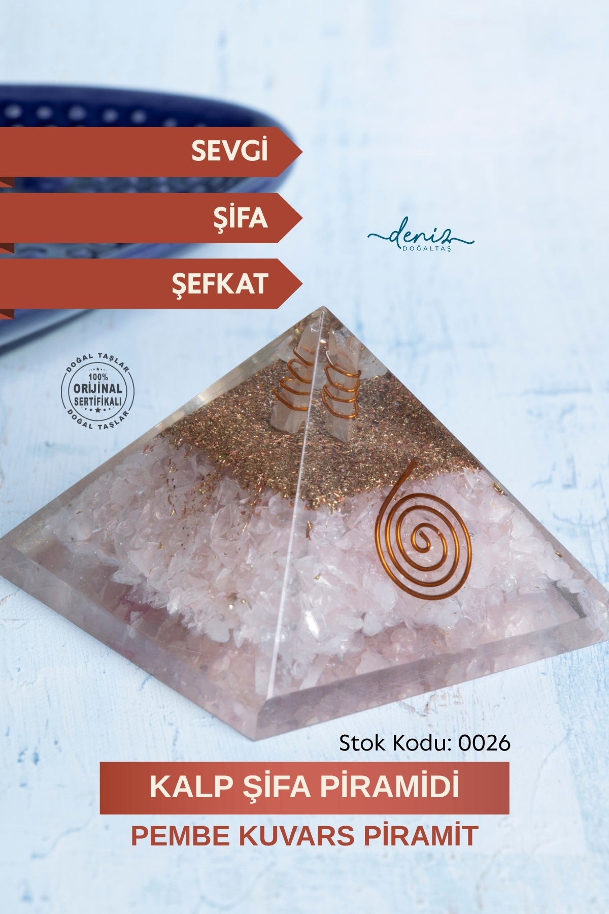 Sertifikalı Pembe Kuvars Doğal Taş Kalp Şifa Piramidi S.K: 0026